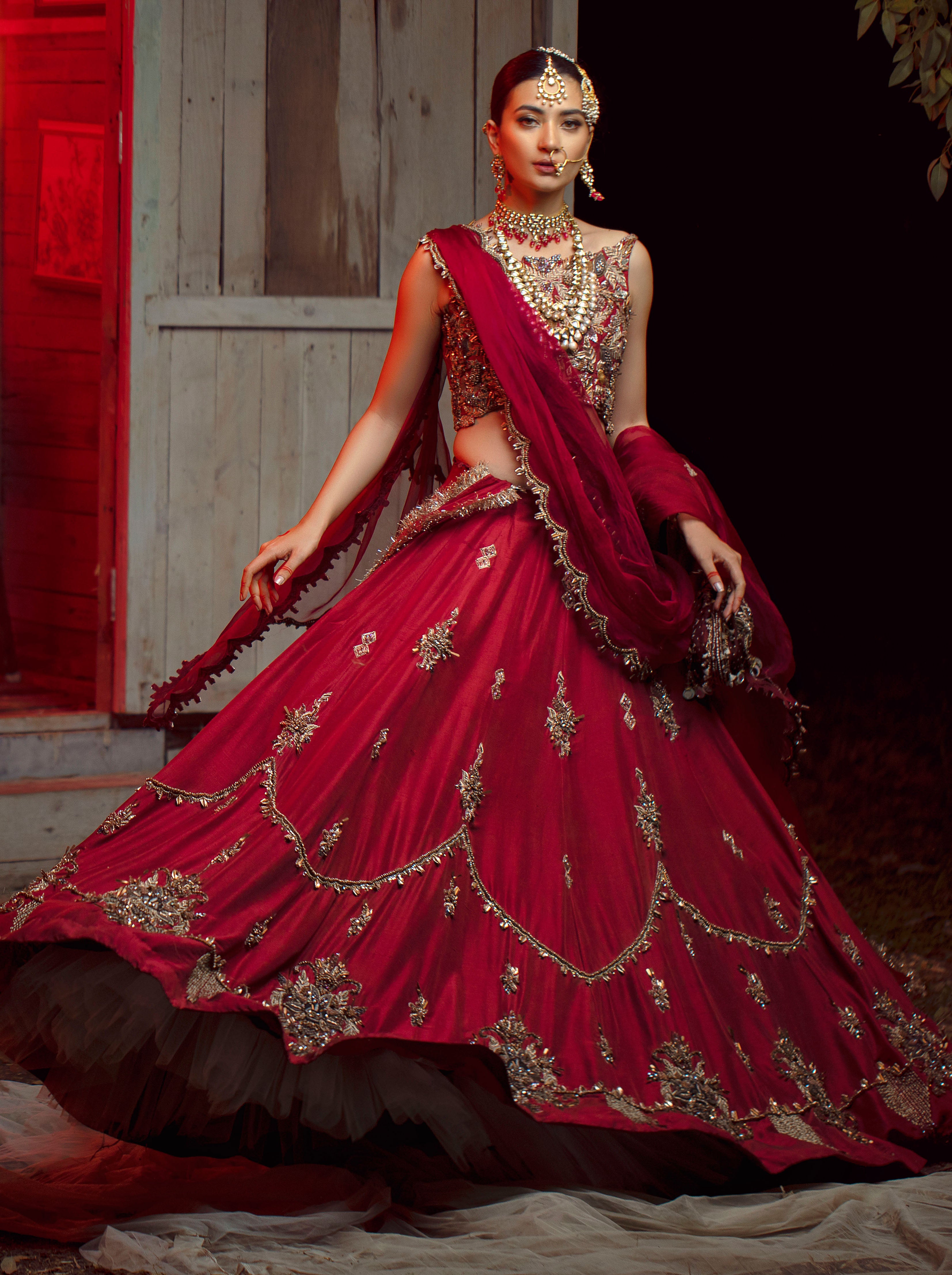 Pakistani Deep Maroon Embroidered Raw Silk Lehenga Choli (3-Piece) - Image 1