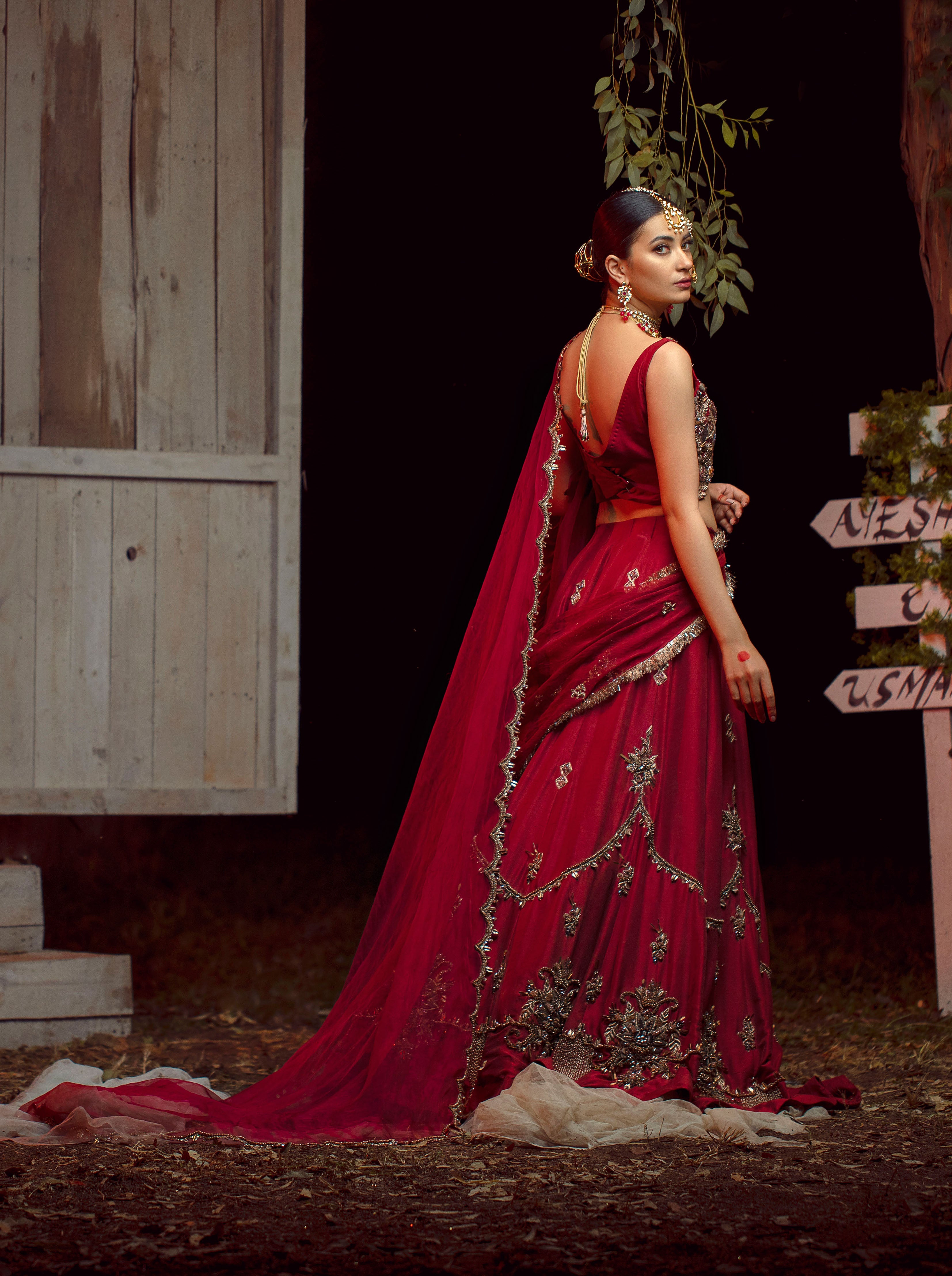Pakistani Deep Maroon Embroidered Raw Silk Lehenga Choli (3-Piece) - Image 2