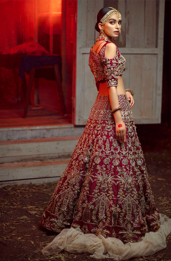 Pakistani Deep Maroon Zardozi Raw Silk Bridal Lehenga (3-Piece) - Image 1