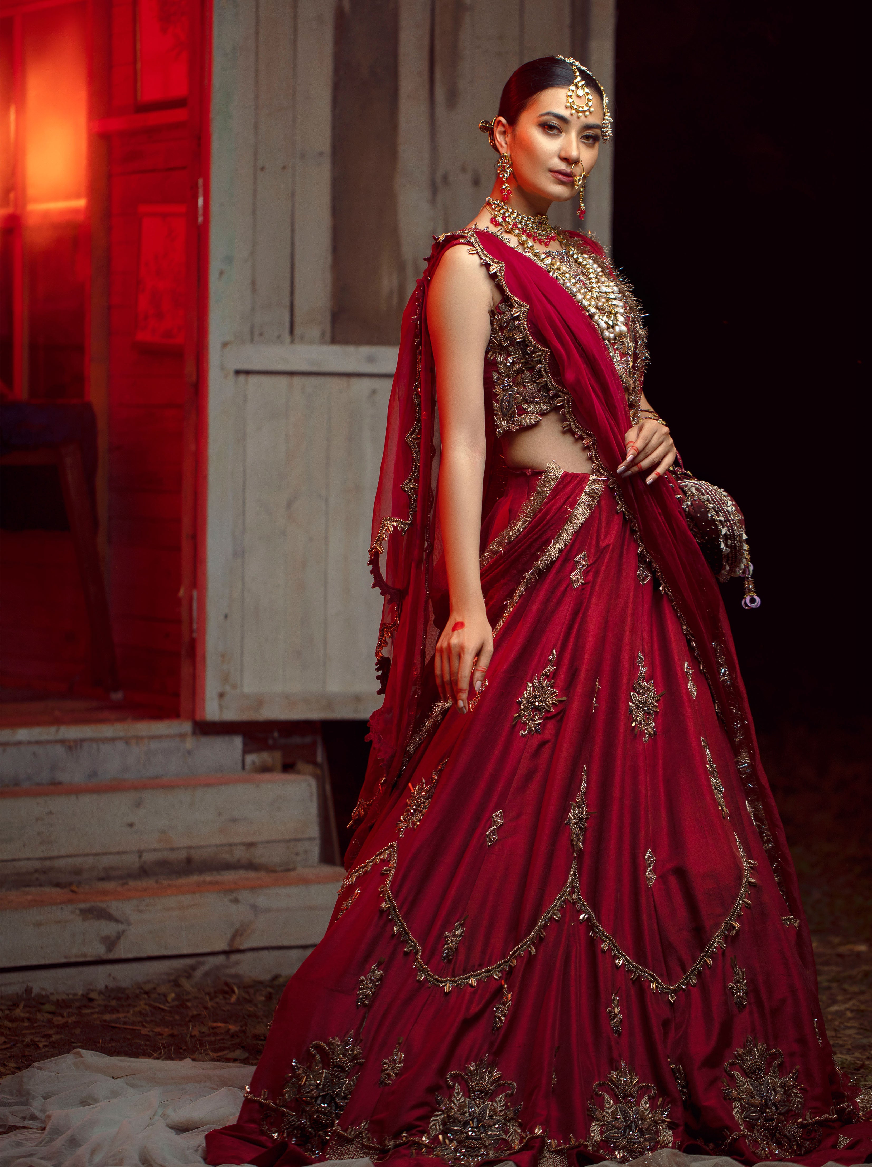 Deep Maroon Zardozi Raw Silk Lehenga Choli (3-Piece) - Image 3