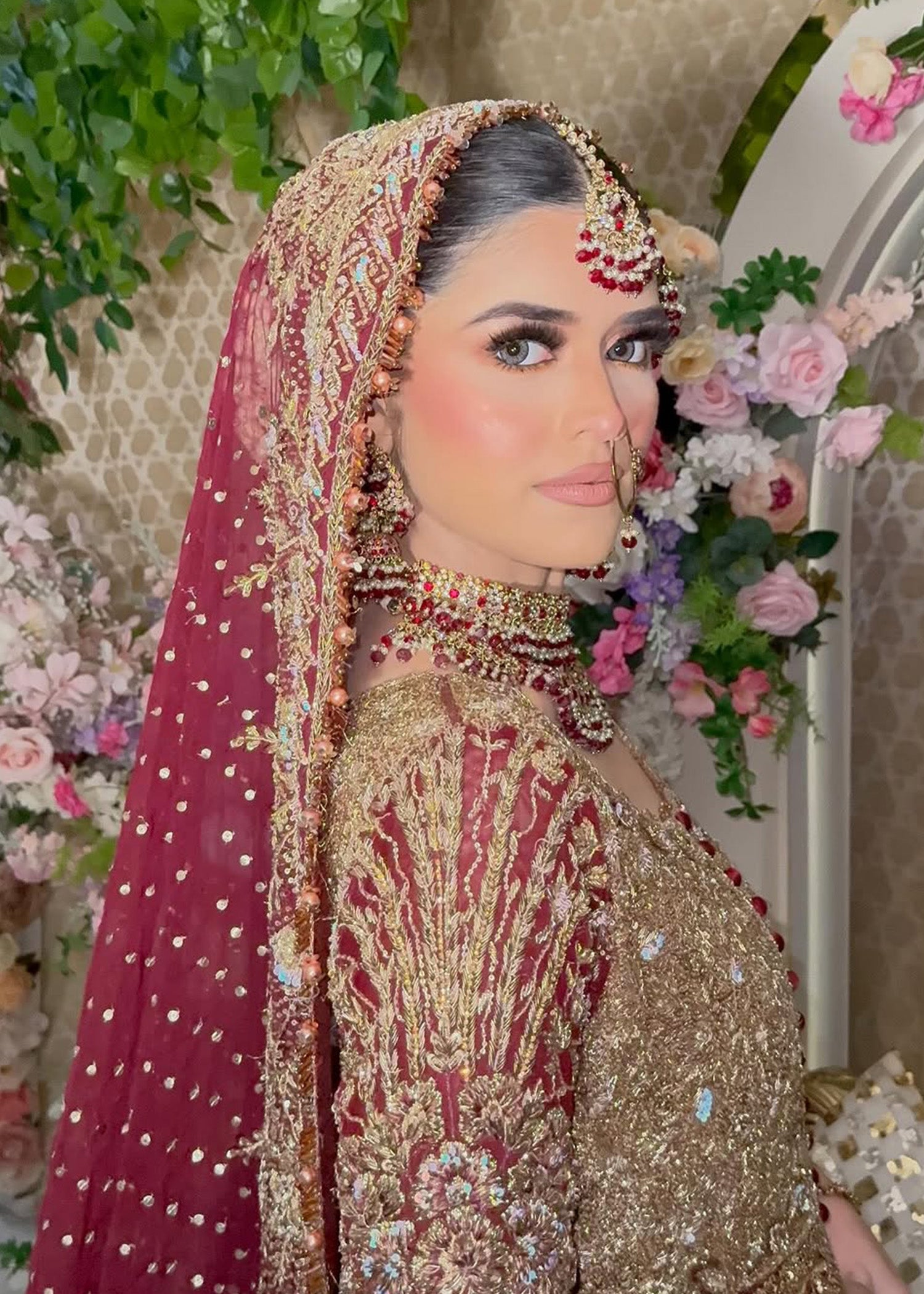 Pakistani Deep Maroon Zardozi Raw Silk Bridal Lehenga (3-Piece) - Image 1