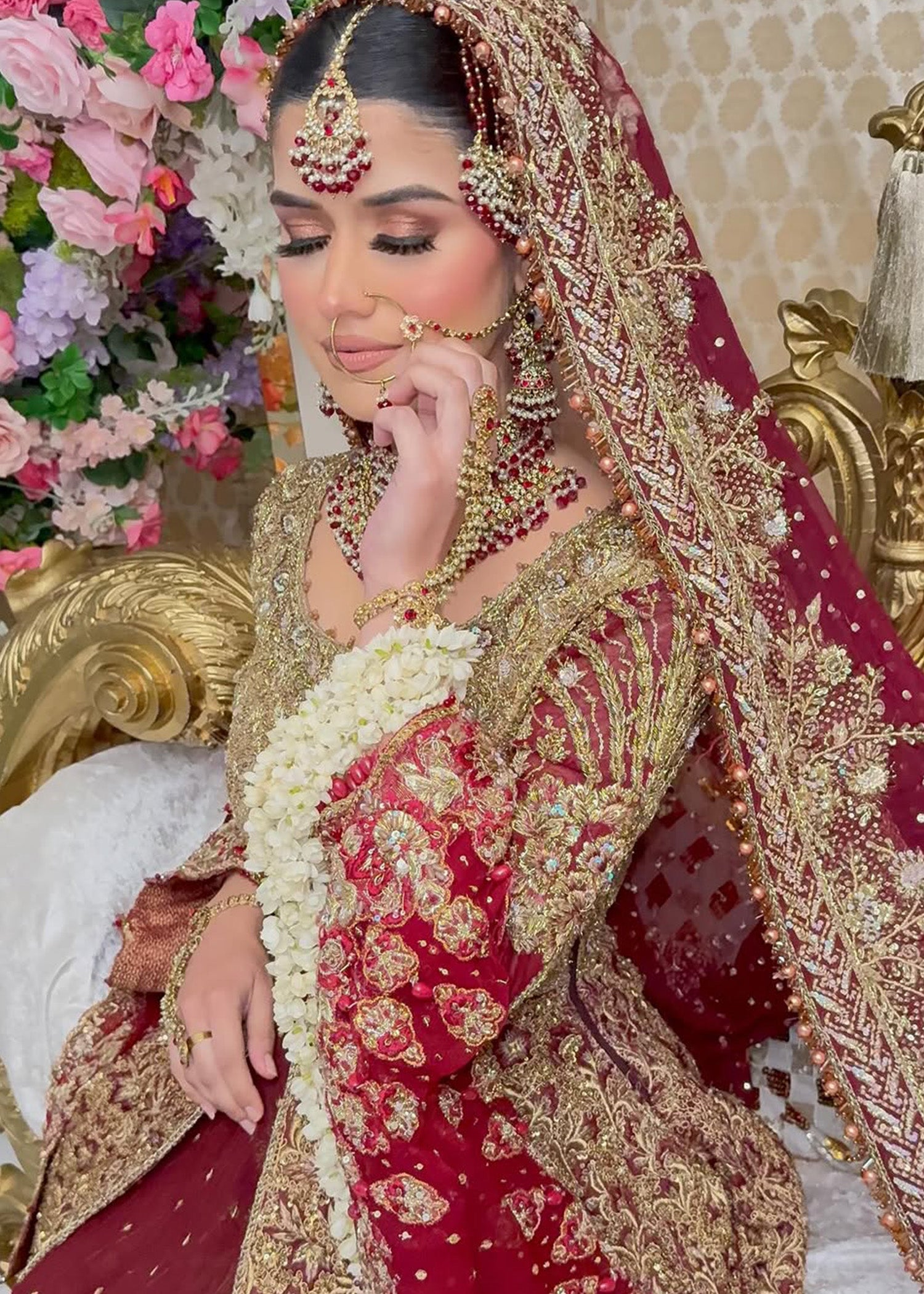 Pakistani Deep Maroon Zardozi Raw Silk Bridal Lehenga (3-Piece) - Image 2