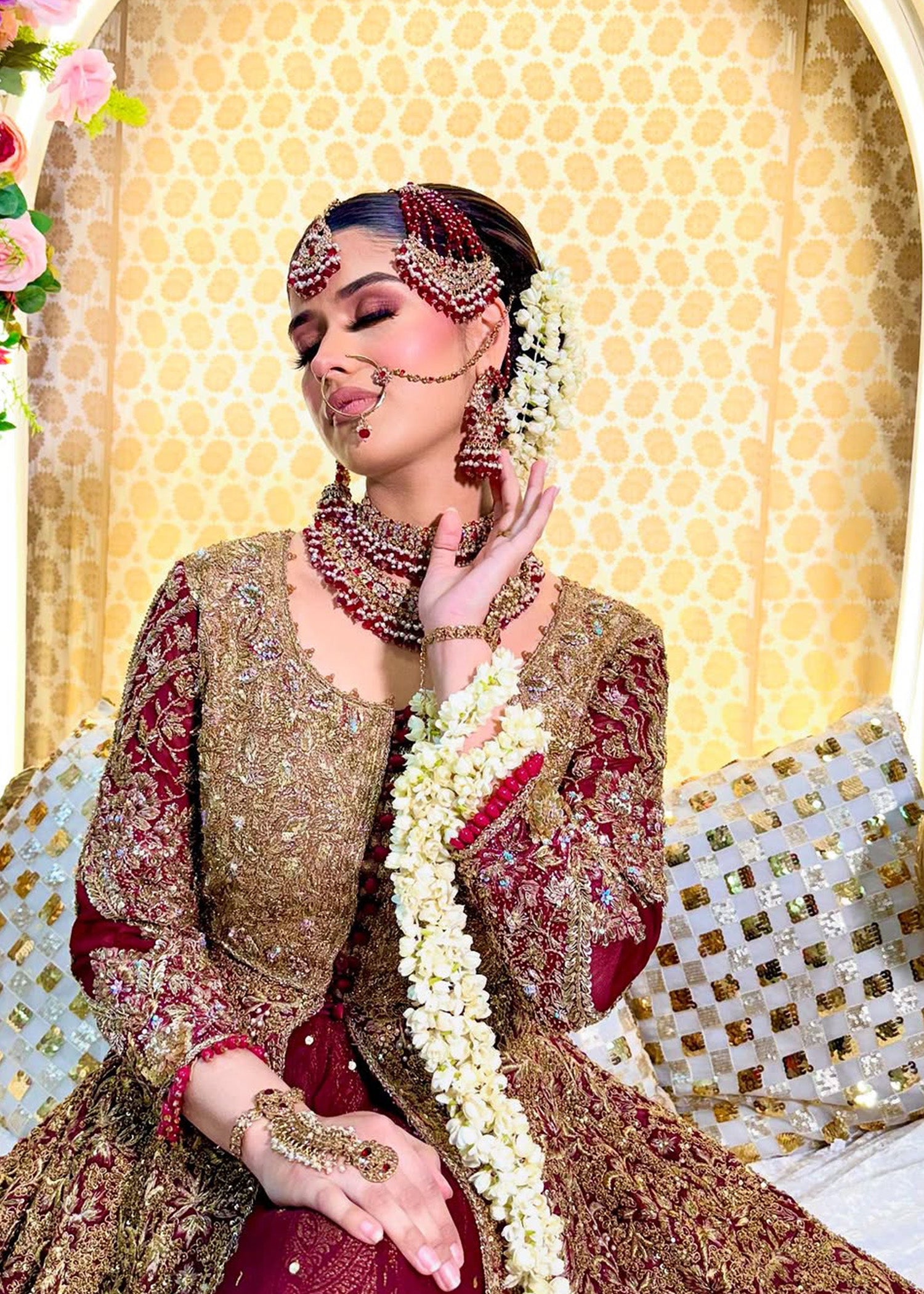 Pakistani Deep Maroon Zardozi Raw Silk Bridal Lehenga (3-Piece) - Image 3