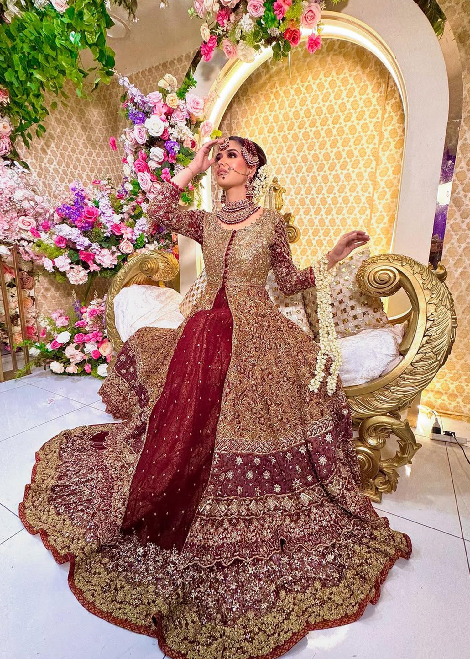 Pakistani Deep Maroon Zardozi Raw Silk Bridal Lehenga (3-Piece) - Image 4