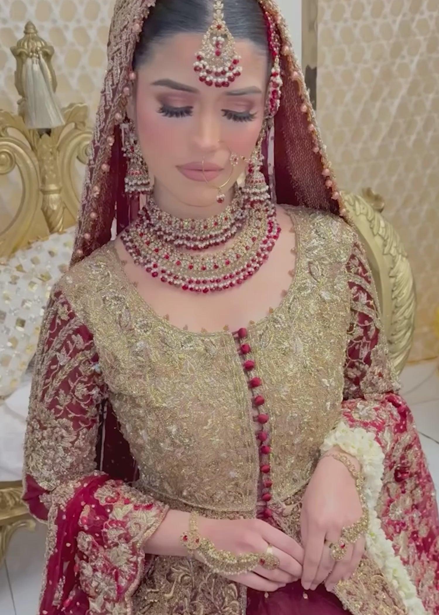 Pakistani Deep Maroon Zardozi Raw Silk Bridal Lehenga (3-Piece) - Image 5