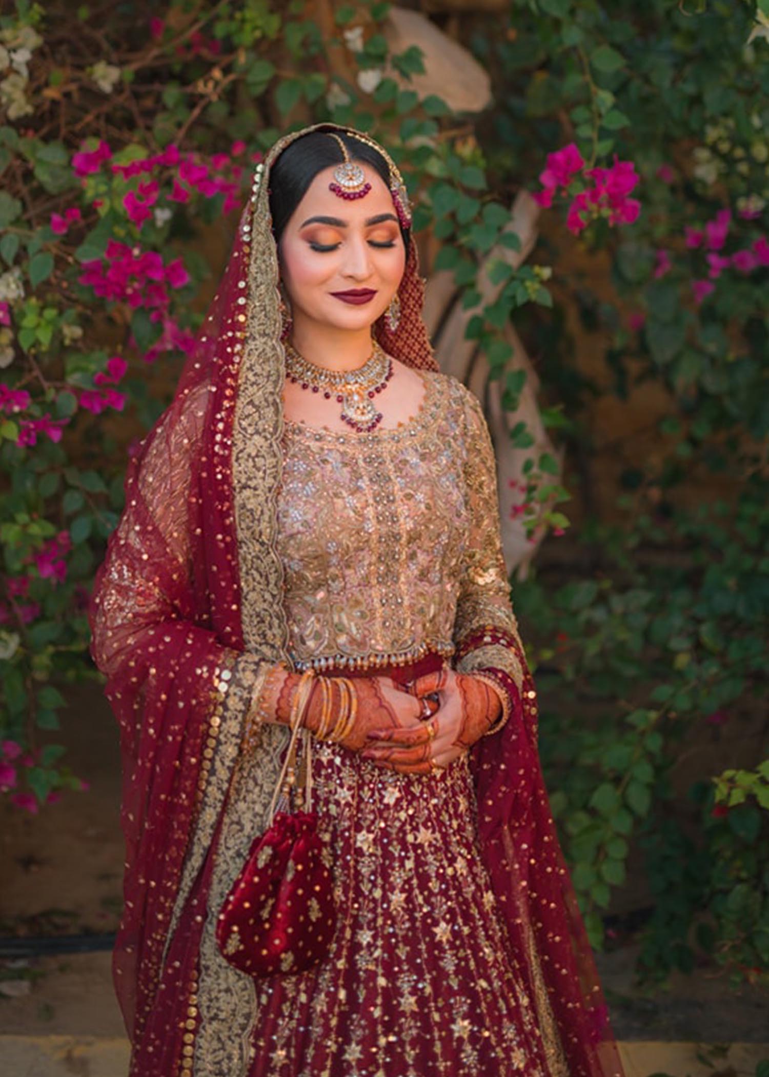 Deep Maroon Zardozi Raw Silk Bridal Lehenga (3-Piece) - Image 4