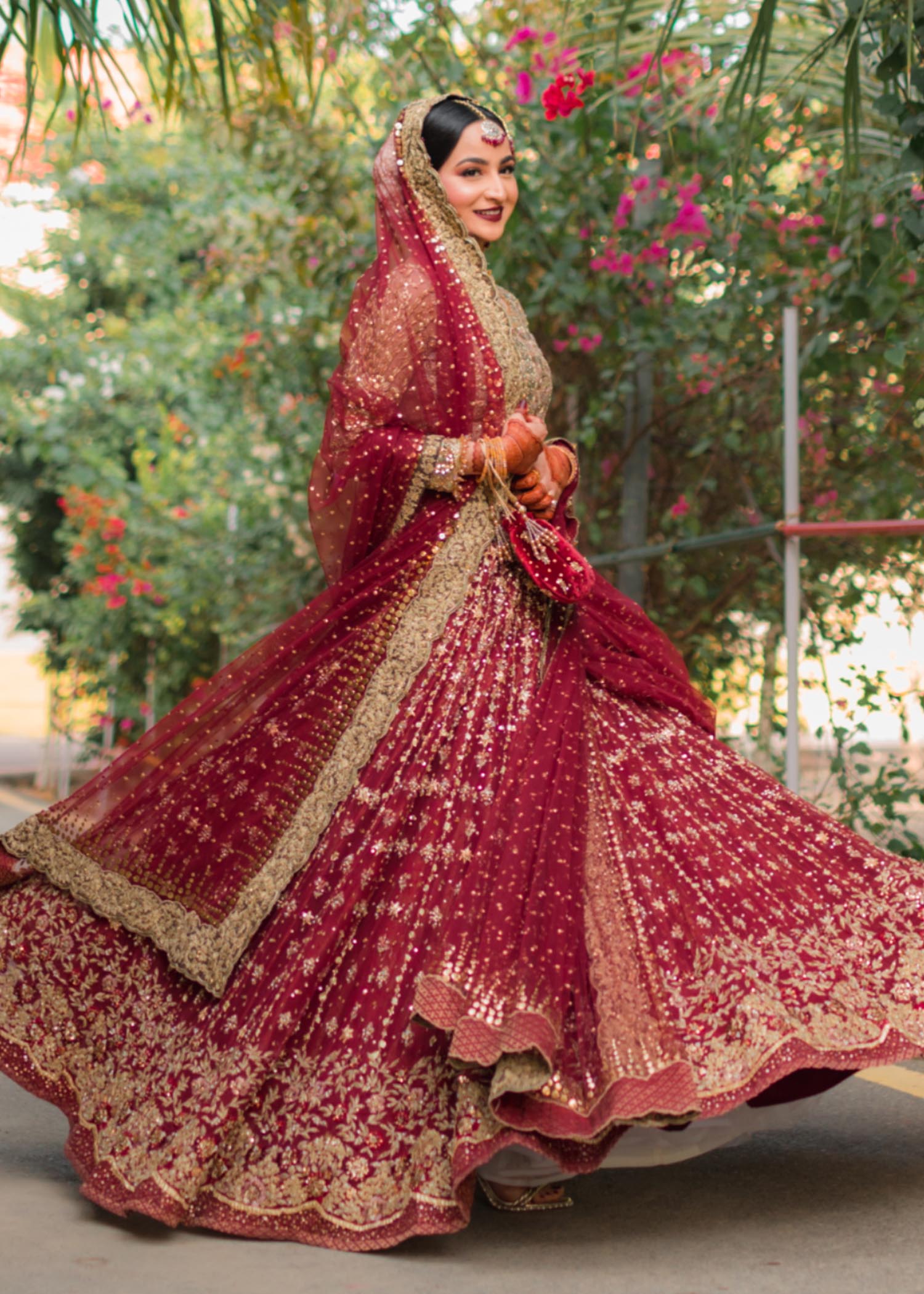 Deep Maroon Zardozi Raw Silk Bridal Lehenga (3-Piece) - Image 9