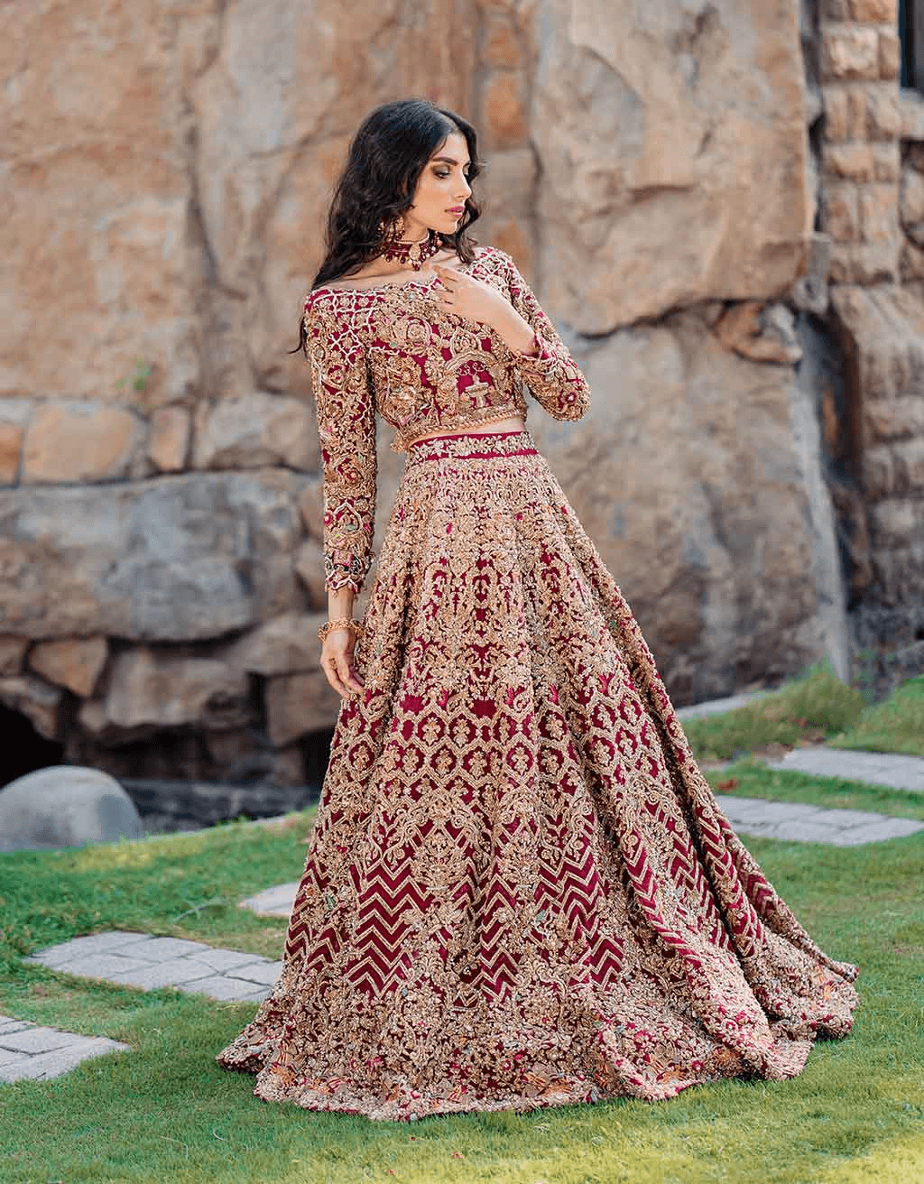 Maroon Red Embroidered Raw Silk Bridal Lehenga Choli (3-Piece) - Image 5