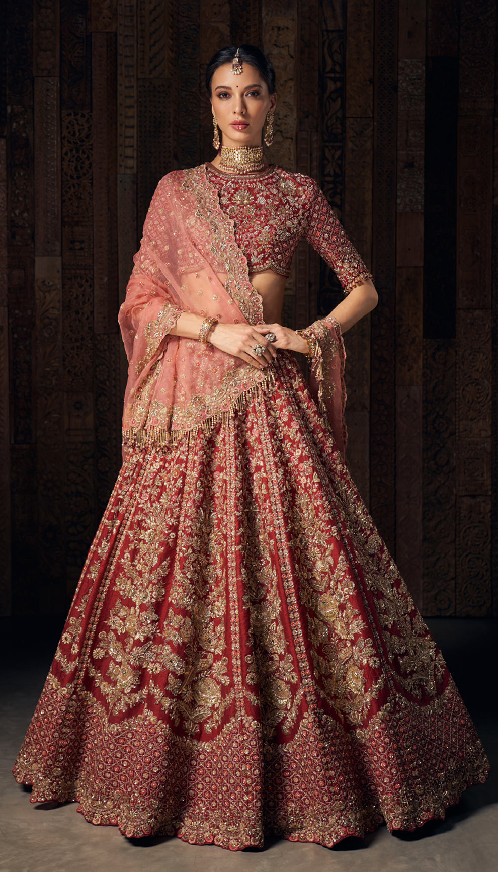 Wine Zardozi Embroidered Raw Silk Lehenga (3-Piece) - Image 1