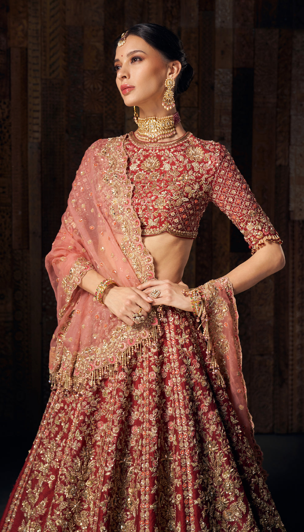 Wine Zardozi Embroidered Raw Silk Lehenga (3-Piece) - Image 3