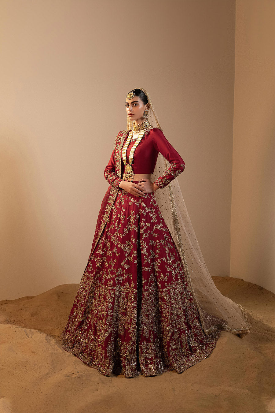 Maroon Zardozi Mokaish Raw Silk Lehenga Choli (3-Piece) - Image 1