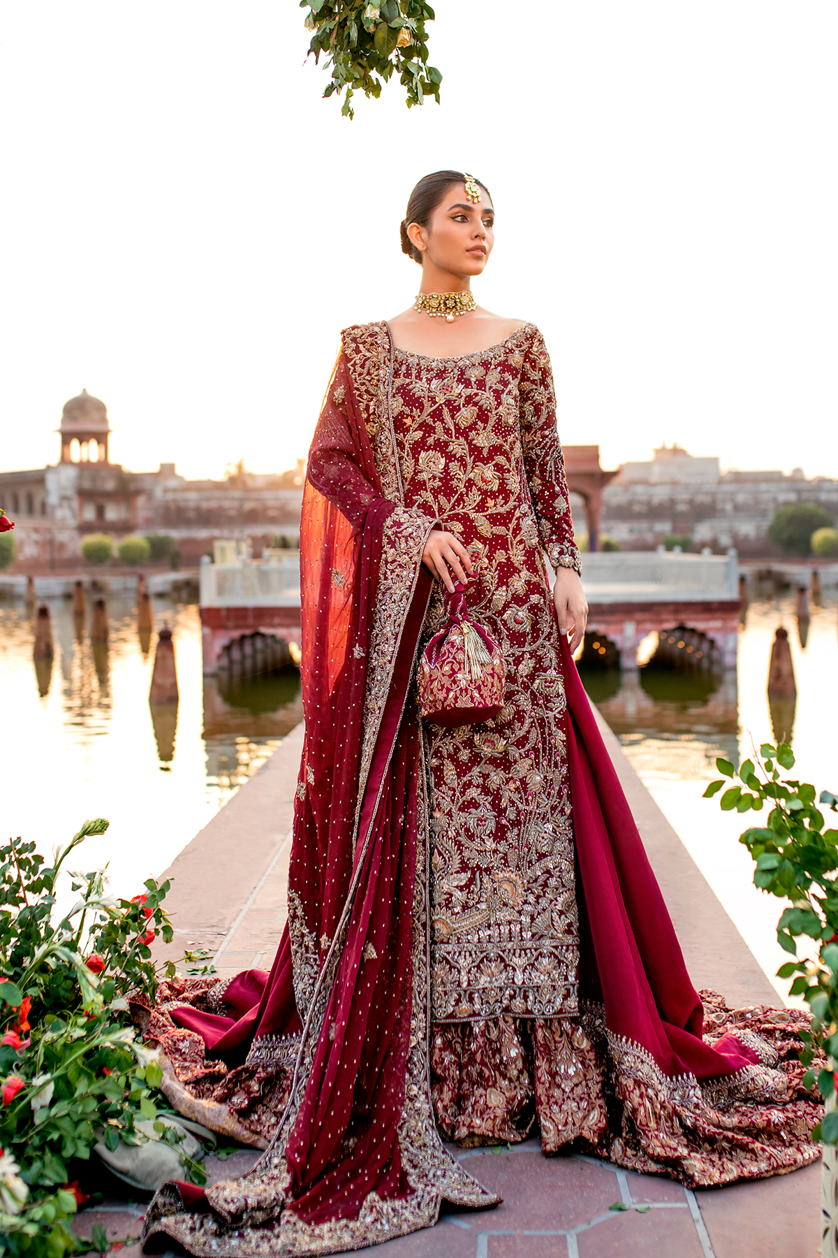 Maroon Zardozi Khadi Net Bridal Lehenga (3-Piece) - Image 3