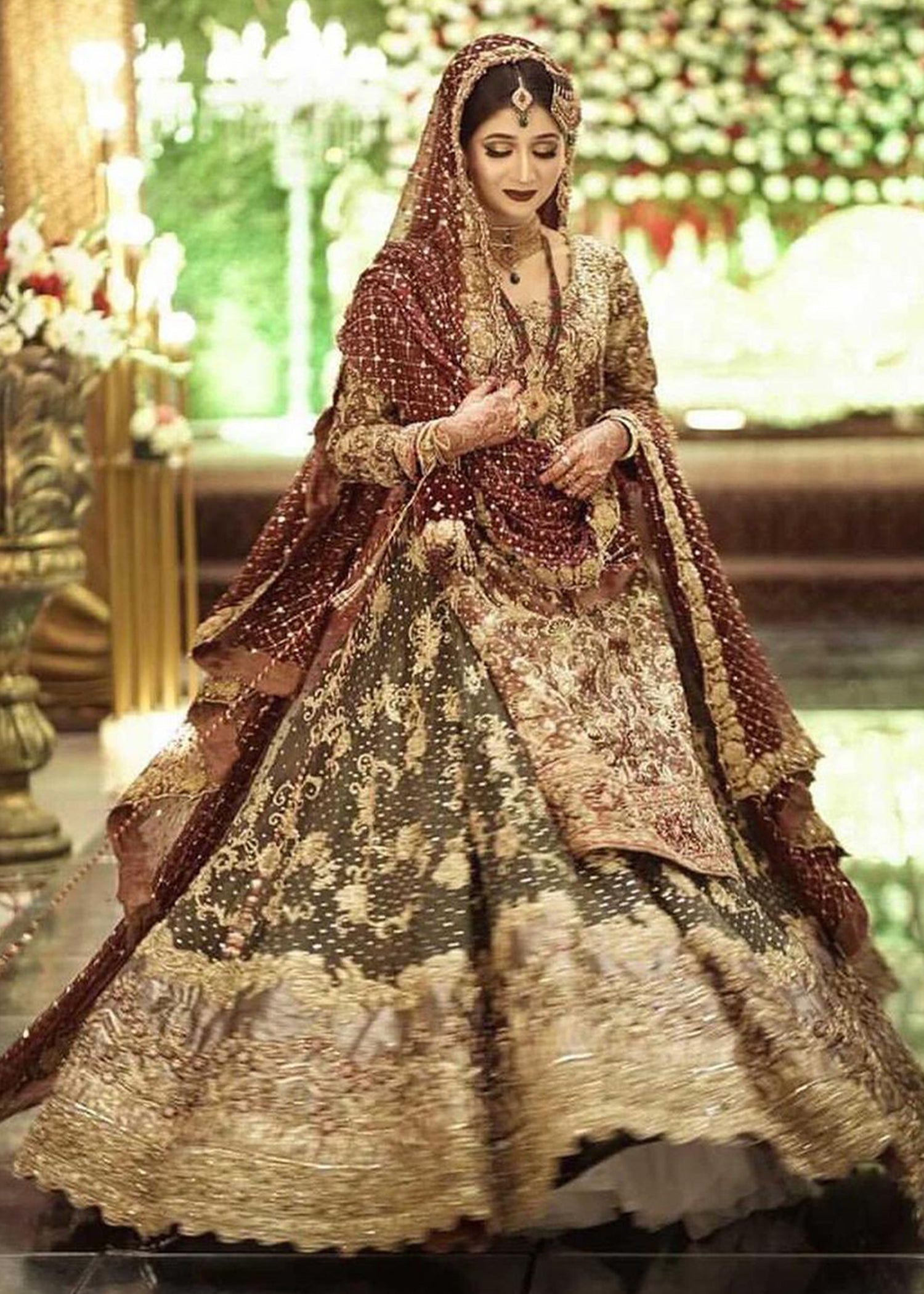 Deep Maroon Olive Embroidered Raw Silk Bridal Lehenga (3-Piece) - Image 2