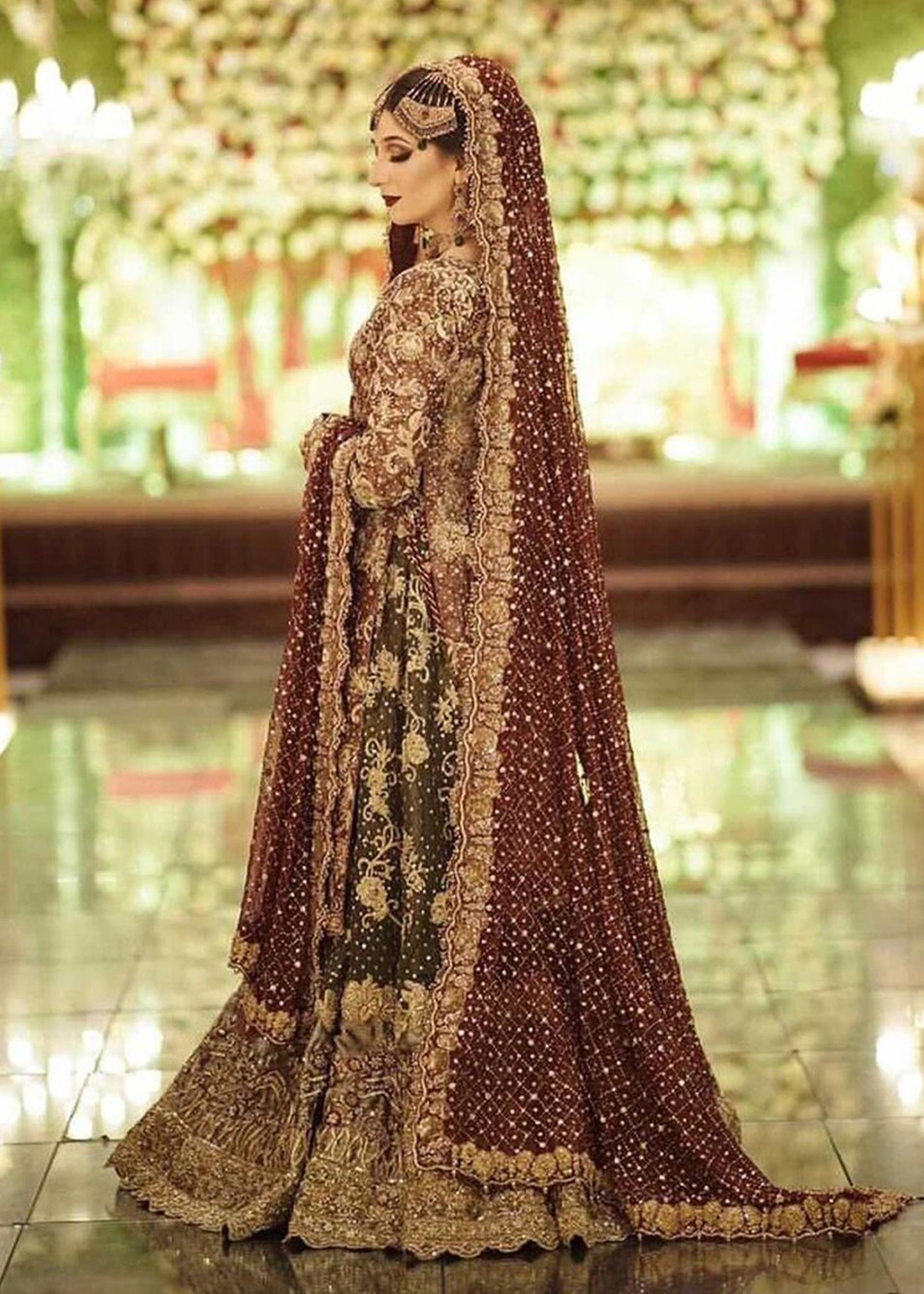 Deep Maroon Olive Embroidered Raw Silk Bridal Lehenga (3-Piece) - Image 3