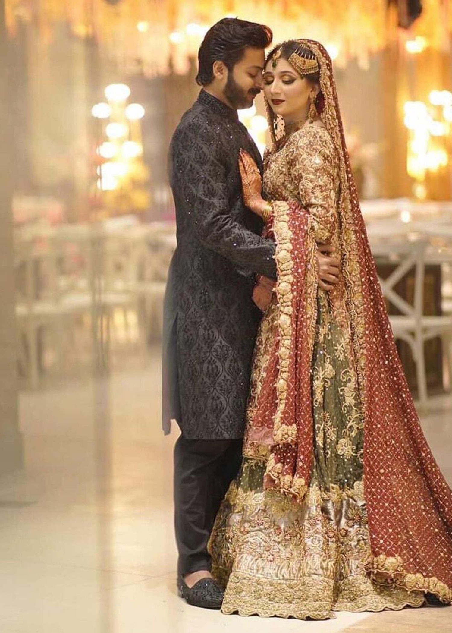 Deep Maroon Olive Embroidered Raw Silk Bridal Lehenga (3-Piece) - Image 4