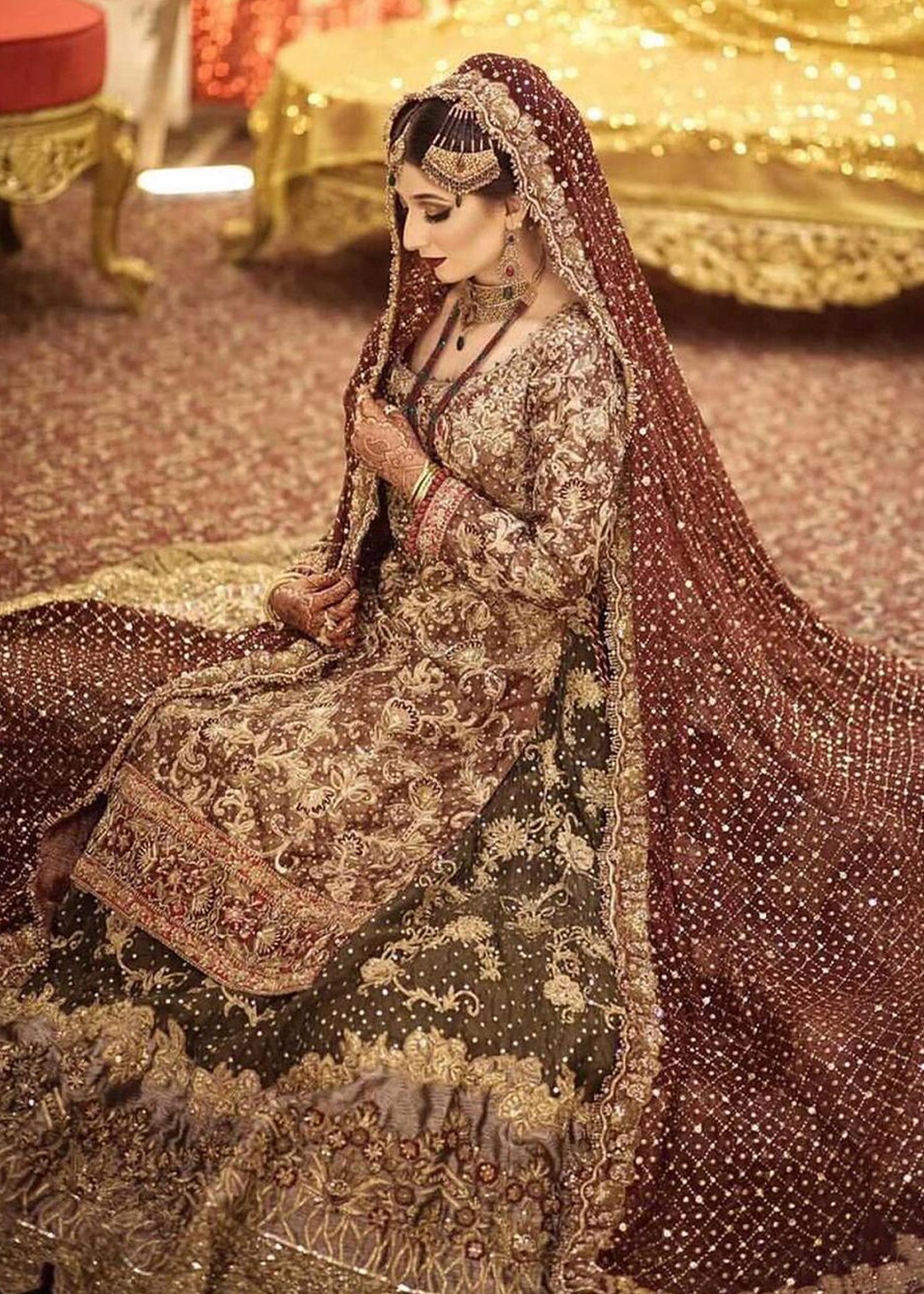 Deep Maroon Olive Embroidered Raw Silk Bridal Lehenga (3-Piece) - Image 5