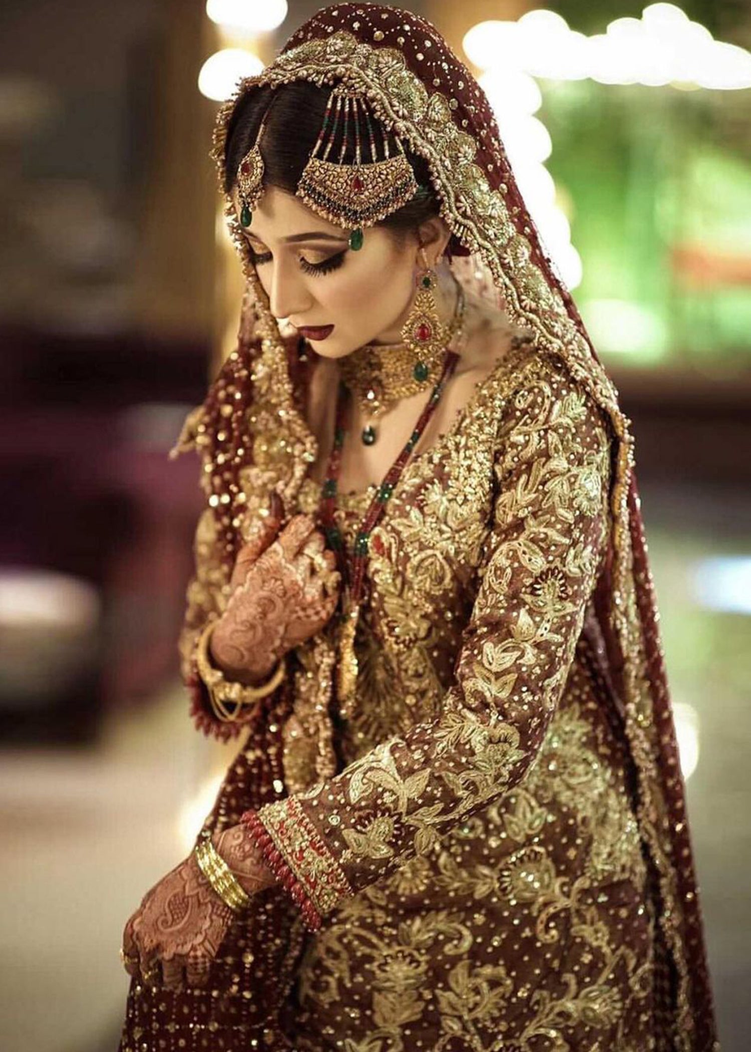 Deep Maroon Olive Embroidered Raw Silk Bridal Lehenga (3-Piece) - Image 6