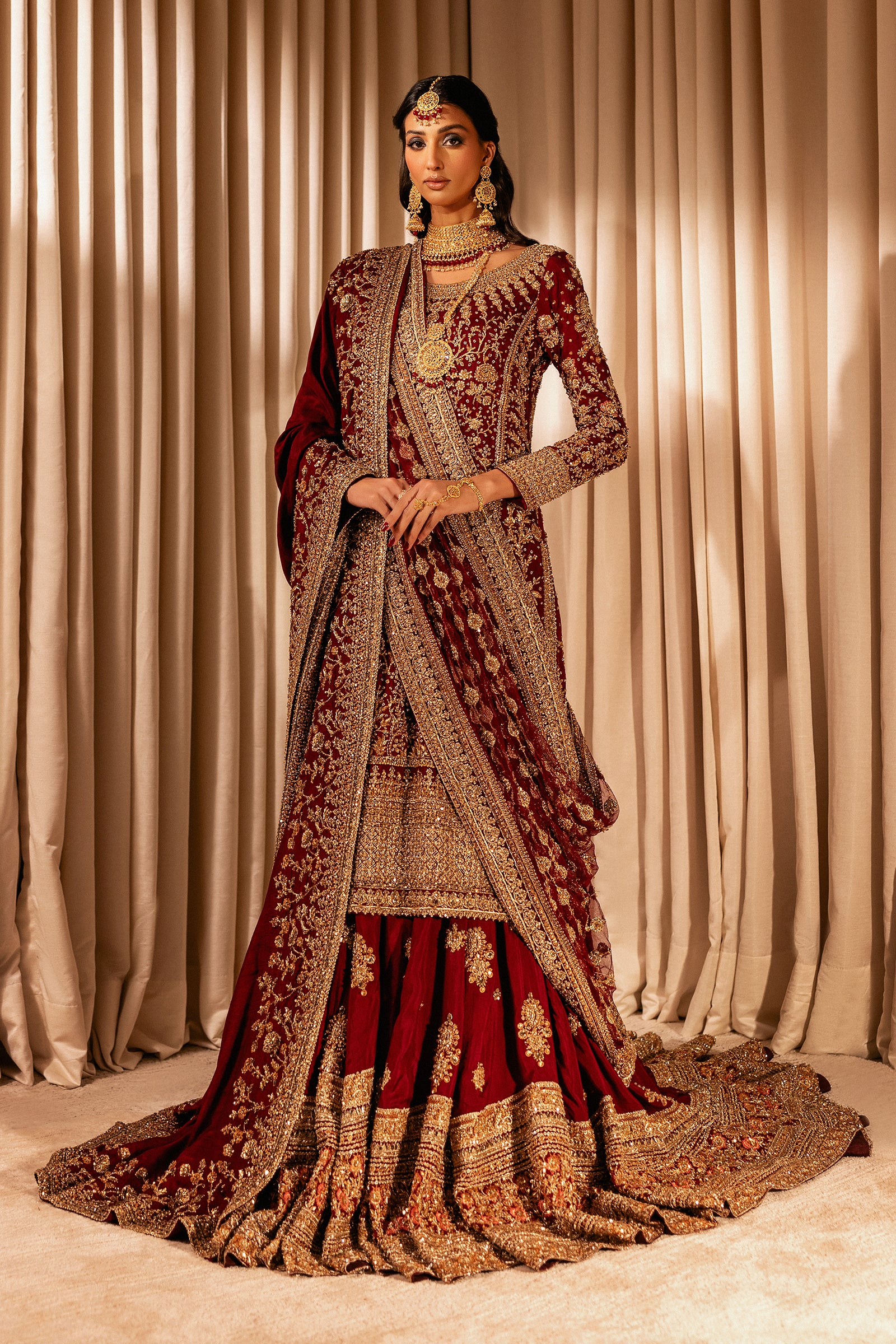 Pakistani Maroon Zardozi Raw Silk Farshi Lehenga (4-Piece) - Image 3