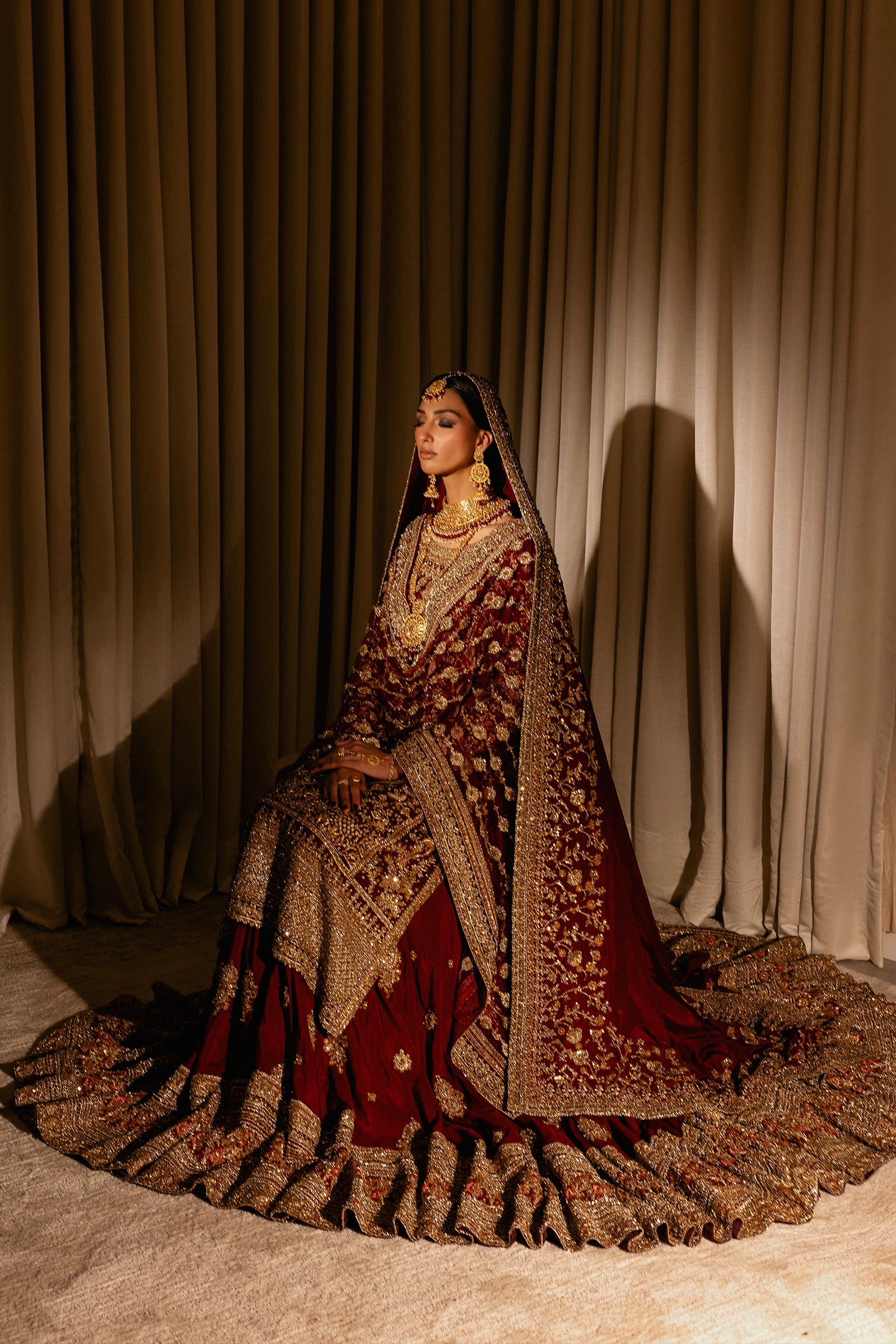 Pakistani Maroon Zardozi Raw Silk Farshi Lehenga (4-Piece) - Image 5