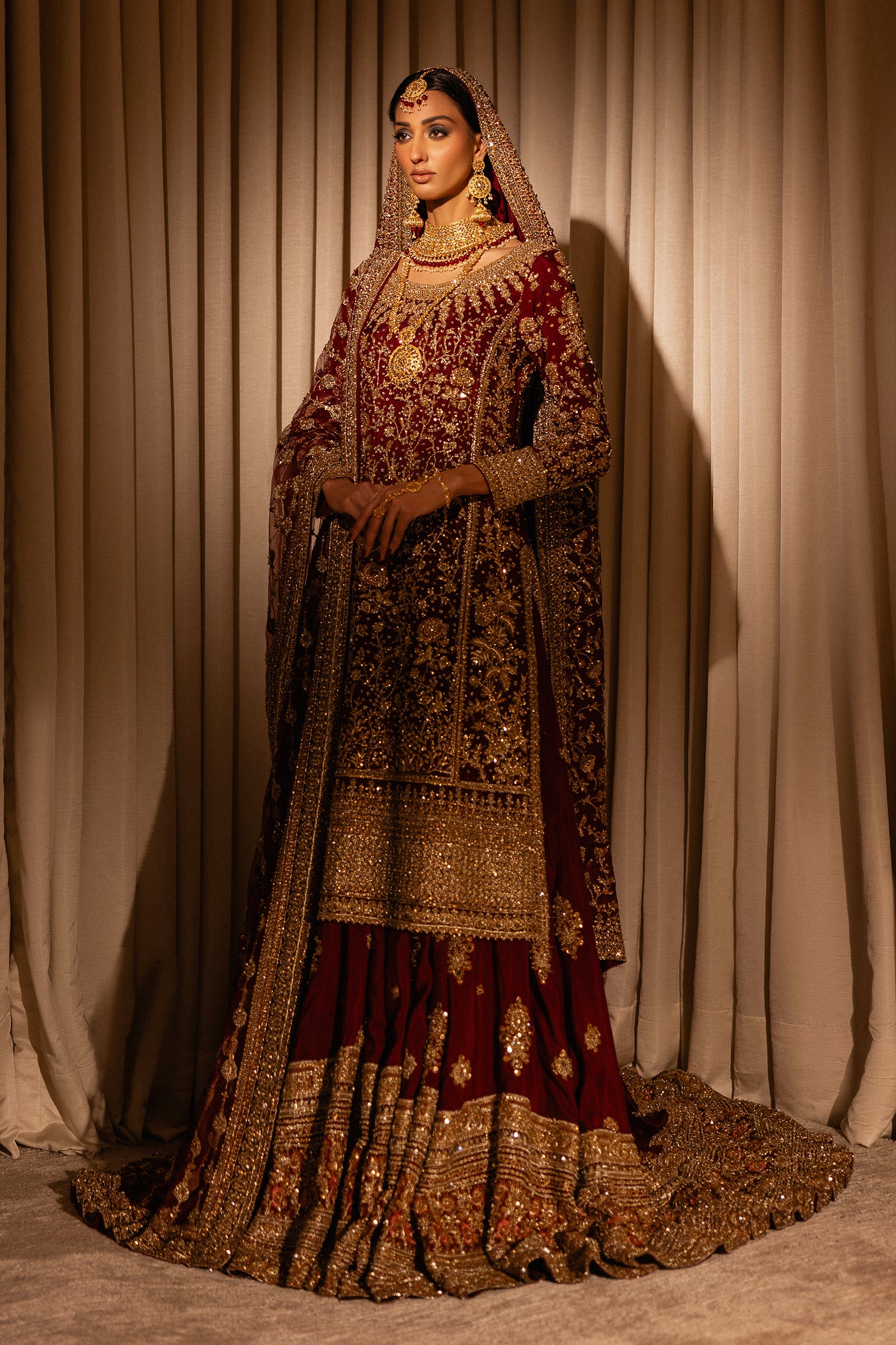Pakistani Maroon Zardozi Raw Silk Farshi Lehenga (4-Piece) - Image 8