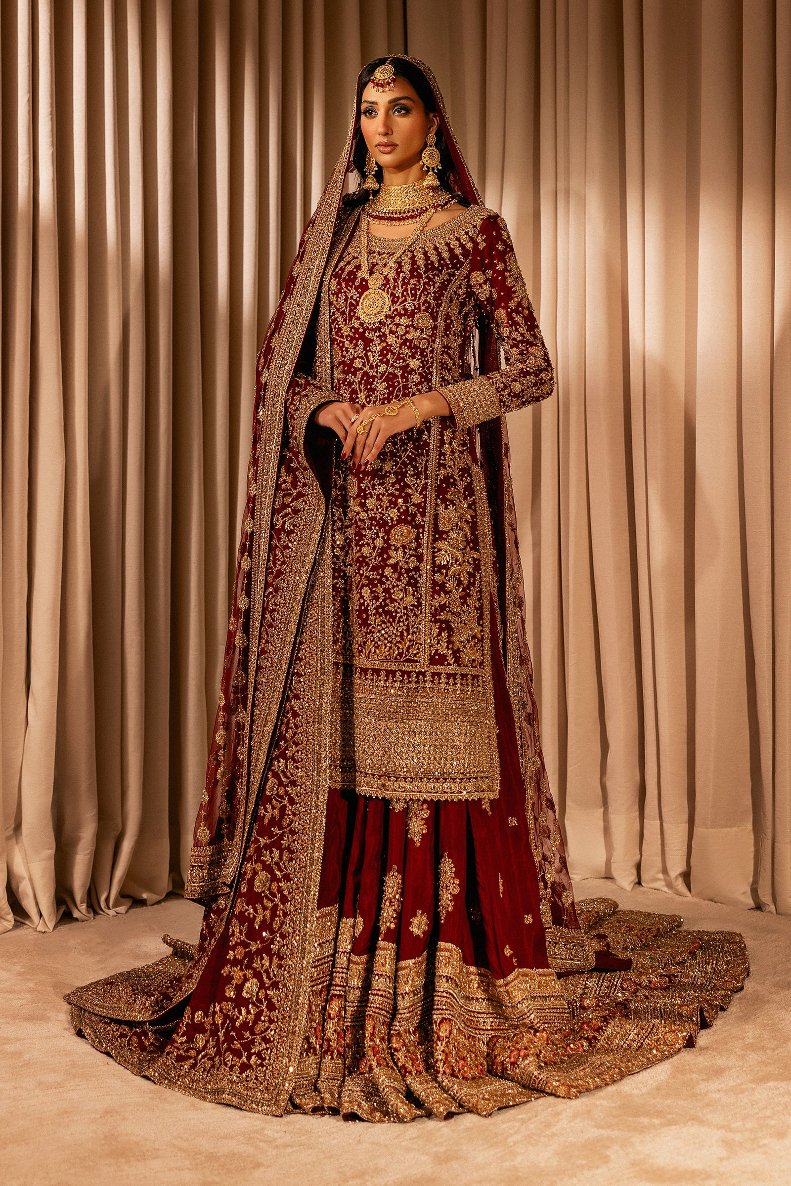 Maroon Zardozi Raw Silk Farshi Lehenga (3-Piece) - Image 1
