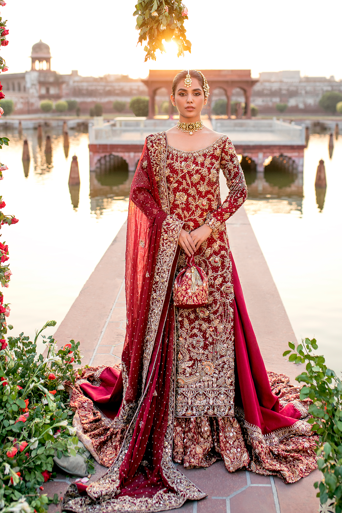 Pakistani Maroon Zardozi Khadi Net Bridal Lehenga (3-Piece) - Image 1
