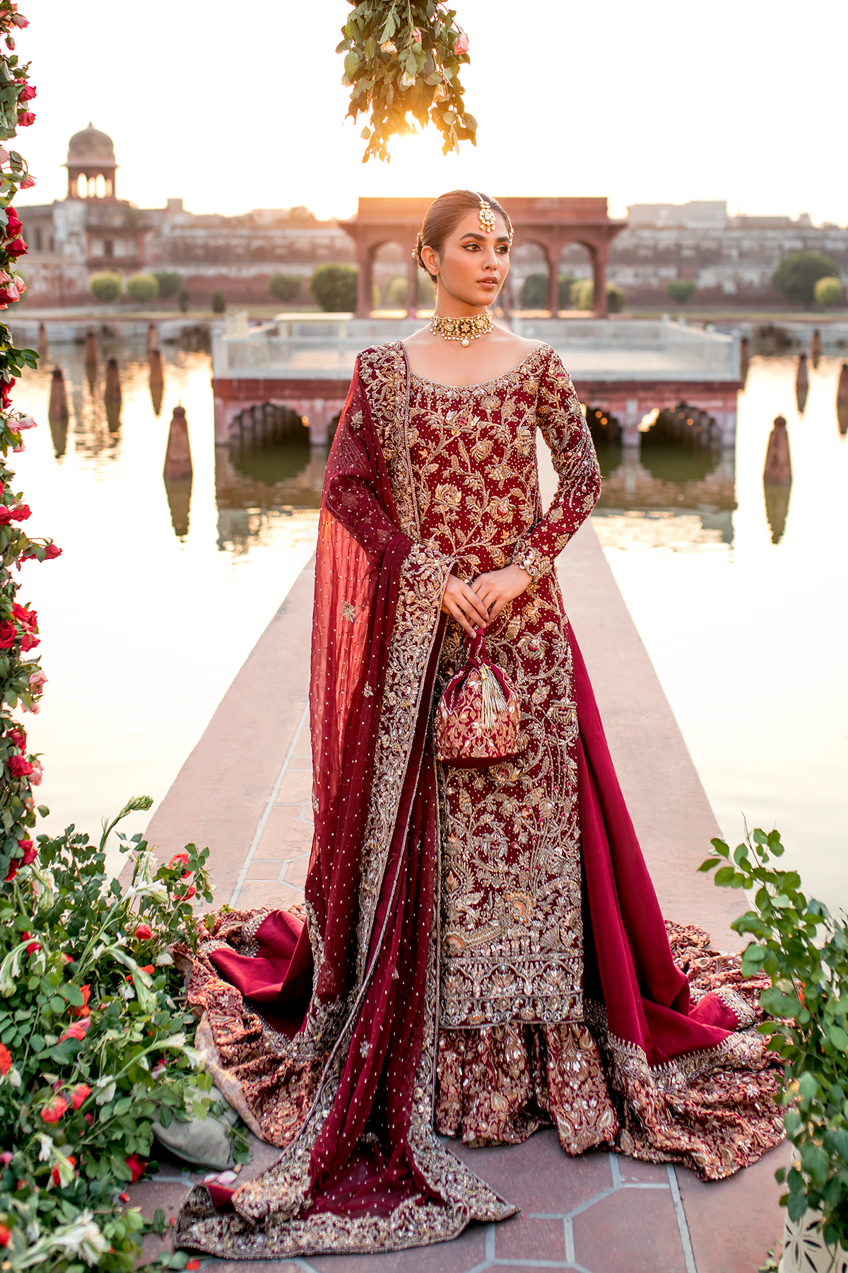 Pakistani Maroon Zardozi Khadi Net Bridal Lehenga (3-Piece) - Image 5