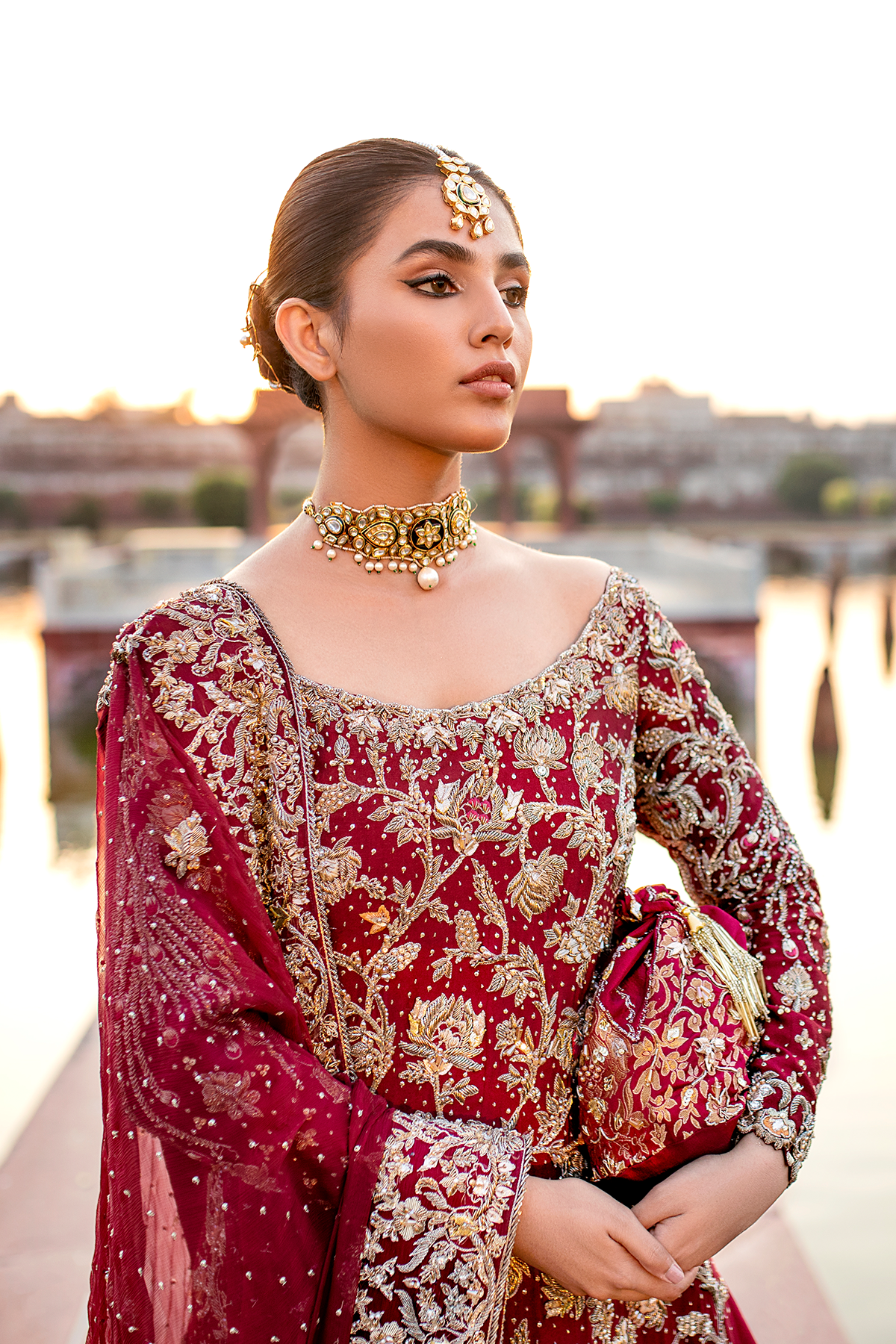 Pakistani Maroon Zardozi Khadi Net Bridal Lehenga (3-Piece) - Image 7