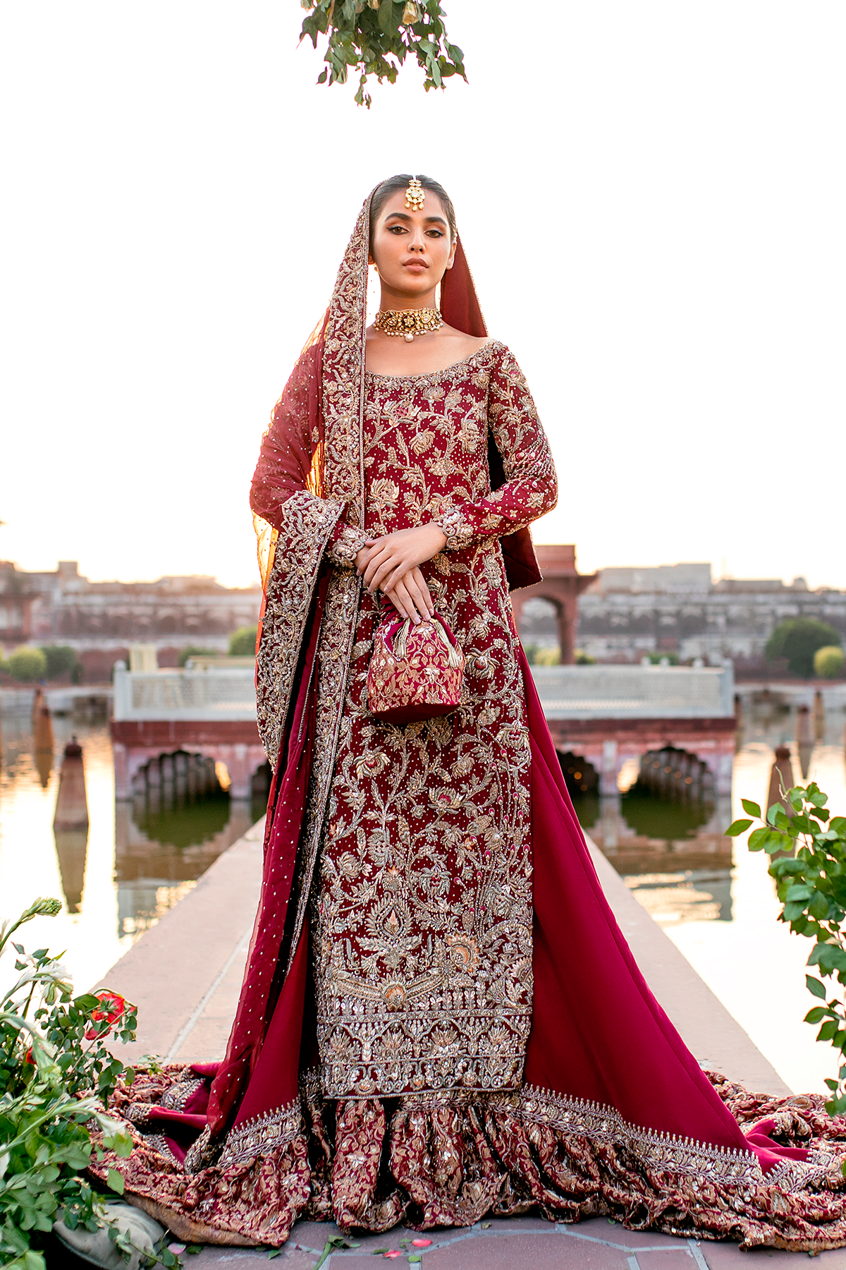 Pakistani Maroon Zardozi Khadi Net Bridal Lehenga (3-Piece) - Image 8