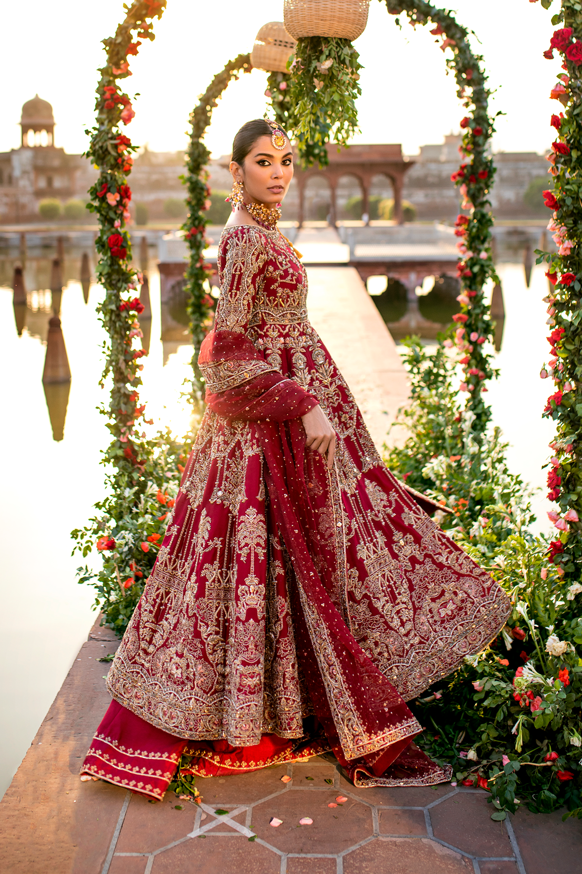 Maroon Hand-Embellished Cotton Net Bridal Lehenga (3-Piece) - Image 2