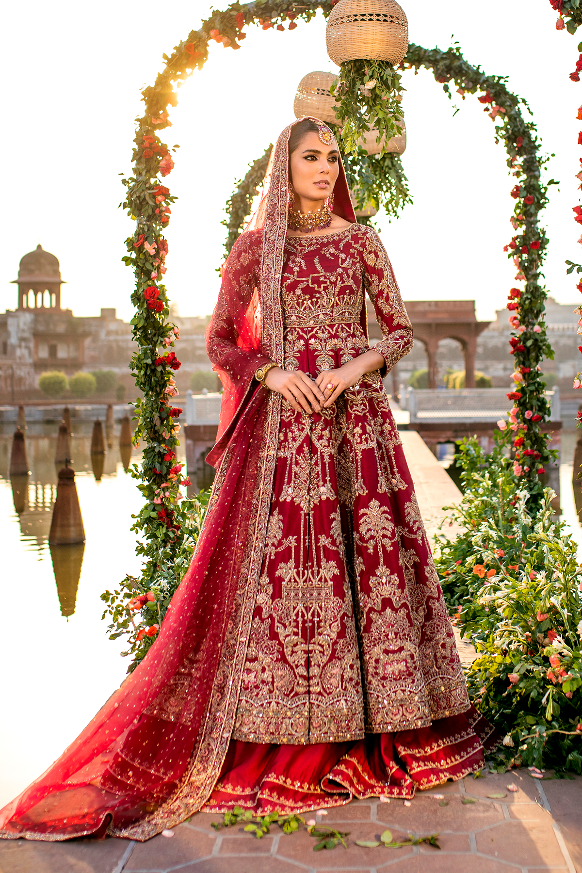 Maroon Hand-Embellished Cotton Net Bridal Lehenga (3-Piece) - Image 6