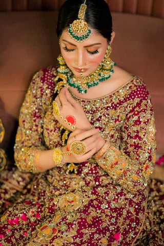 Deep Maroon Embellished Raw Silk Bridal Lehenga (3-Piece) - Image 3
