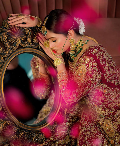 Deep Maroon Embellished Raw Silk Bridal Lehenga (3-Piece) - Image 4