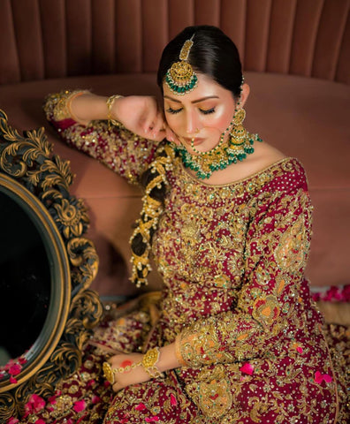 Deep Maroon Embellished Raw Silk Bridal Lehenga (3-Piece) - Image 5