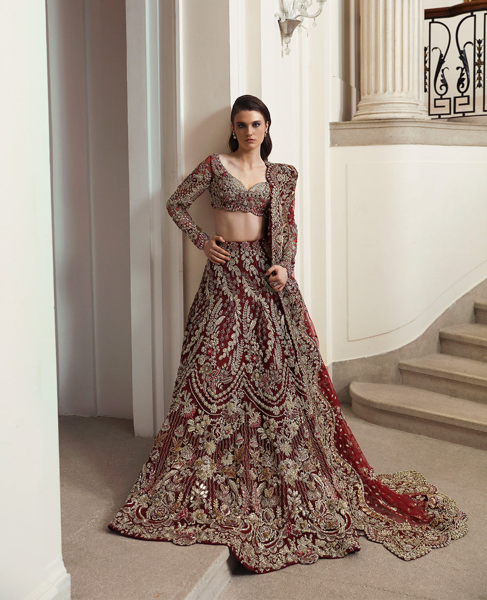 Pakistani Deep Maroon Embellished Net Bridal Lehenga Choli (3-Piece) - Image 1