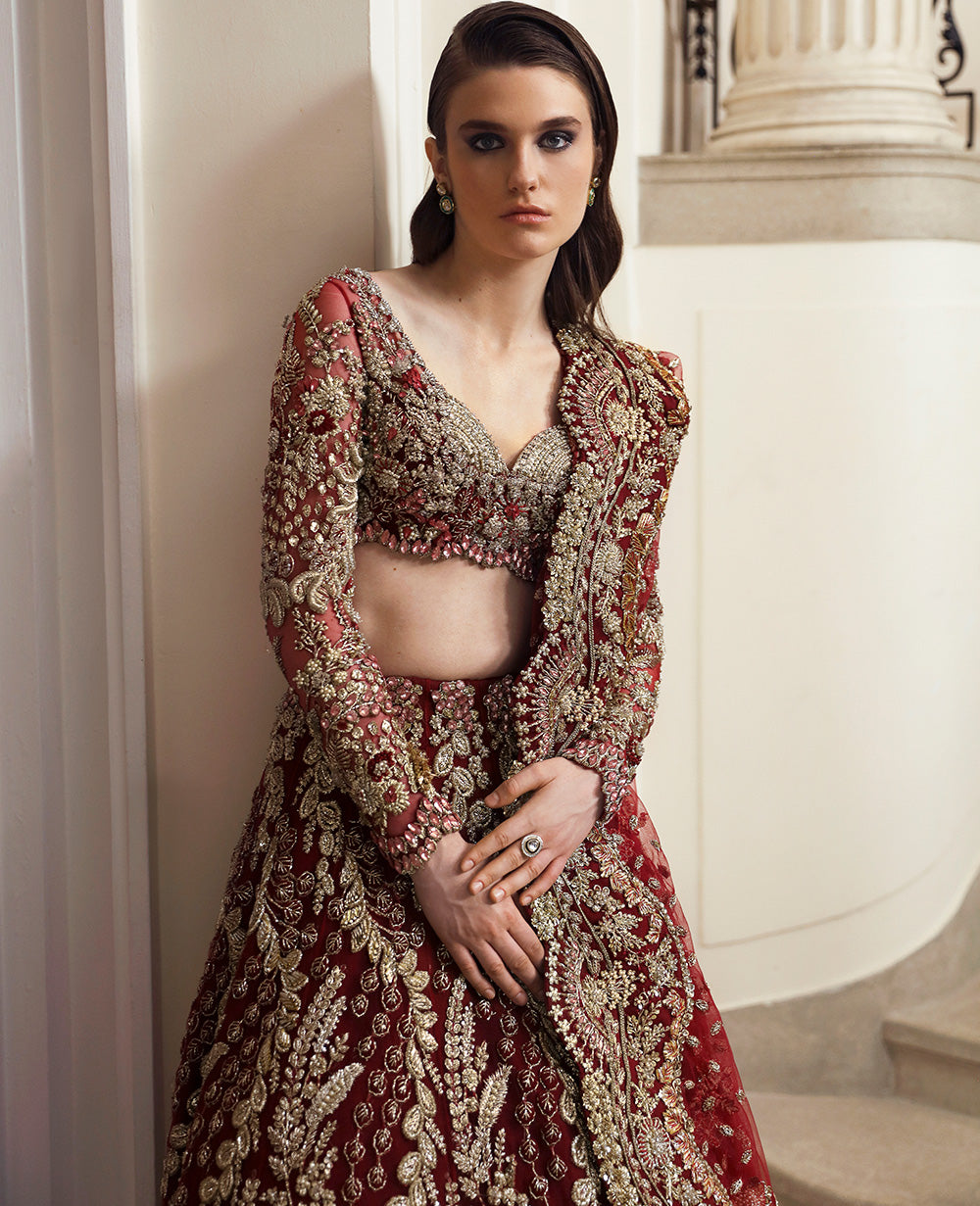 Pakistani Deep Maroon Embellished Net Bridal Lehenga Choli (3-Piece) - Image 3