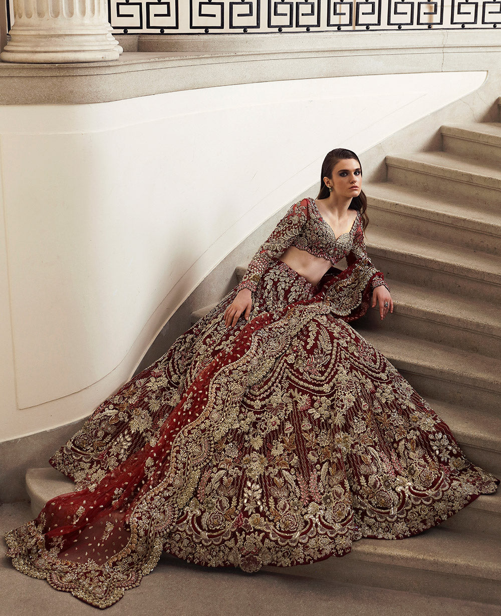 Pakistani Deep Maroon Embellished Net Bridal Lehenga Choli (3-Piece) - Image 5