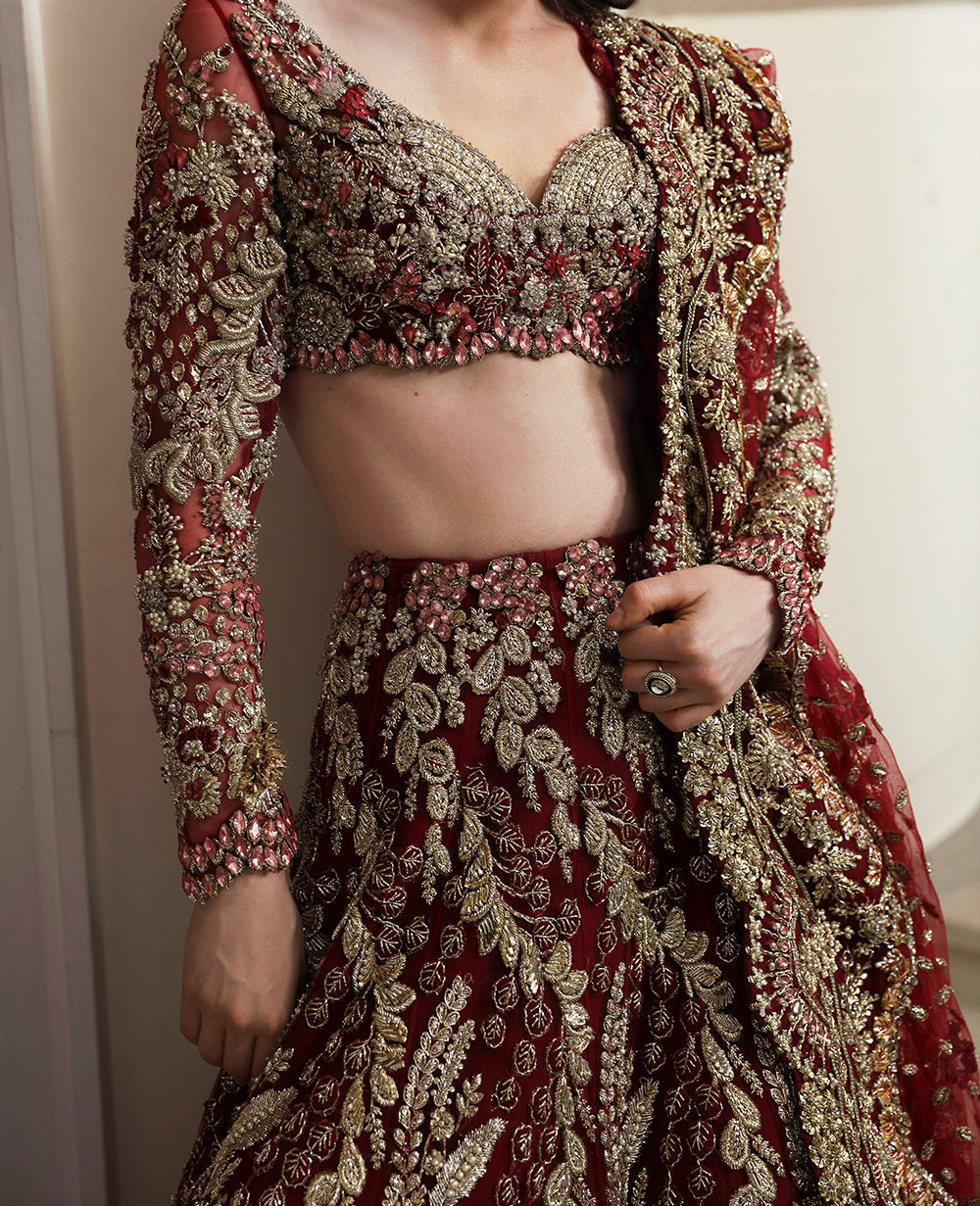 Pakistani Deep Maroon Embellished Net Bridal Lehenga Choli (3-Piece) - Image 6