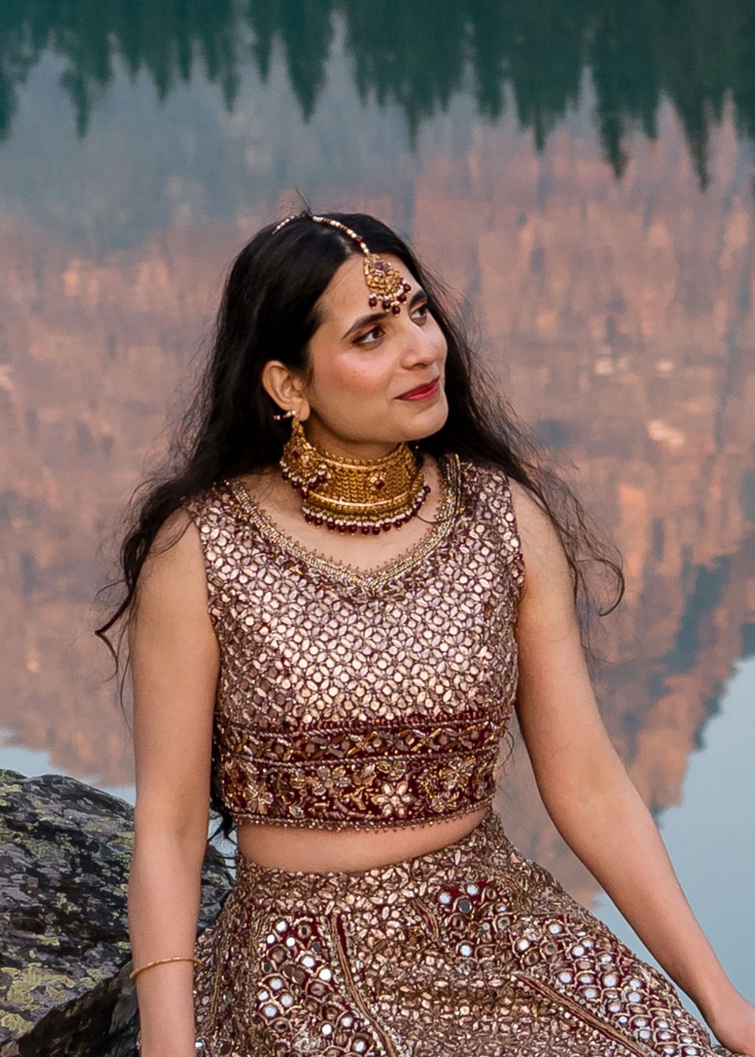 Pakistani Deep Maroon Mirrorwork Silk-Blend Bridal Lehenga Choli (2-Piece) - Image 2