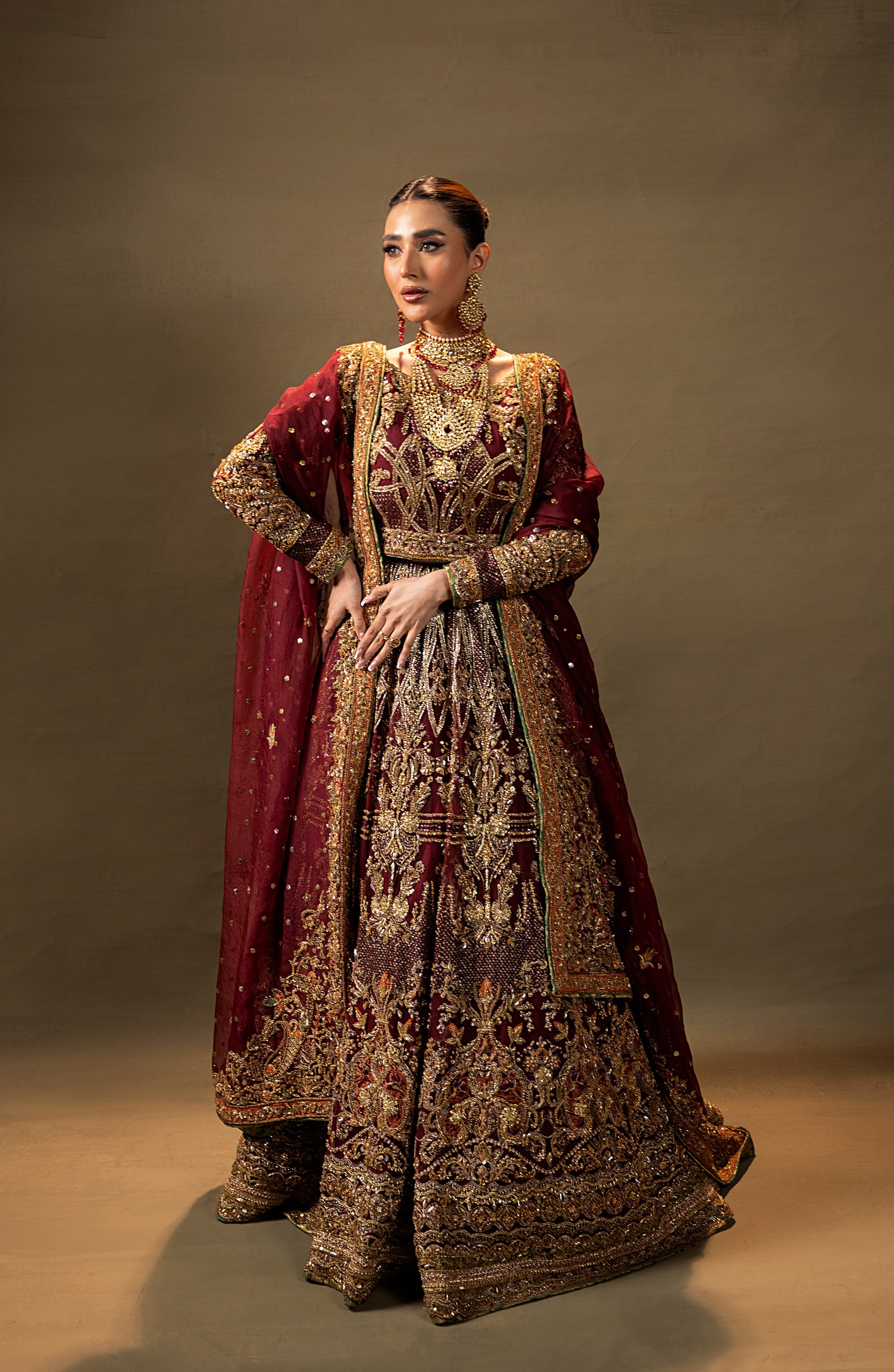 Pakistani Deep Maroon Embroidered Silk-Blend Lehenga Choli (3-Piece) - Image 2