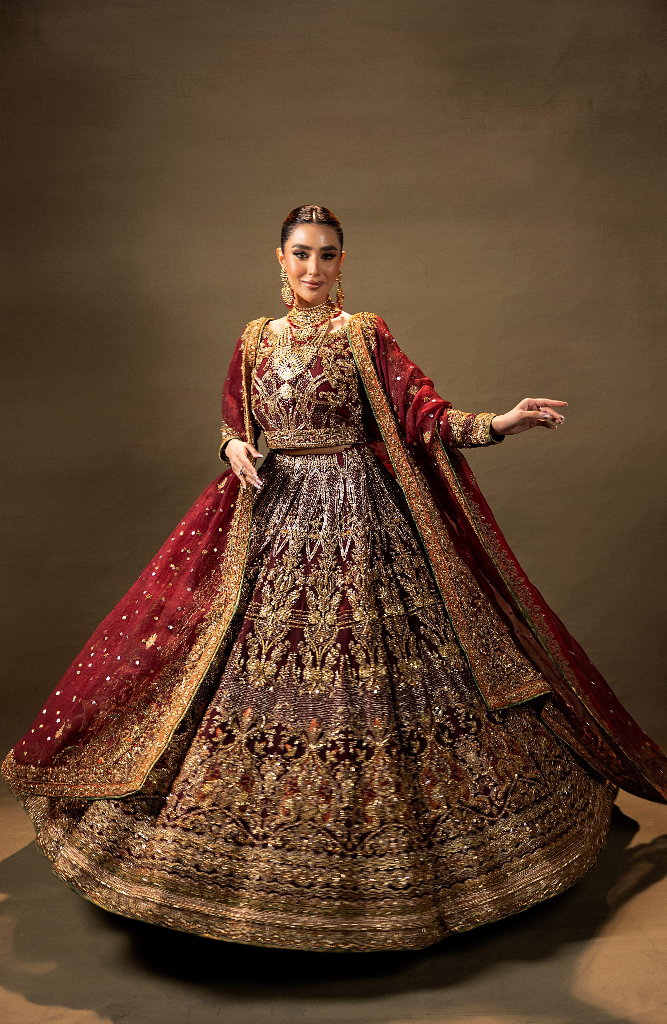 Pakistani Deep Maroon Embroidered Silk-Blend Lehenga Choli (3-Piece) - Image 5