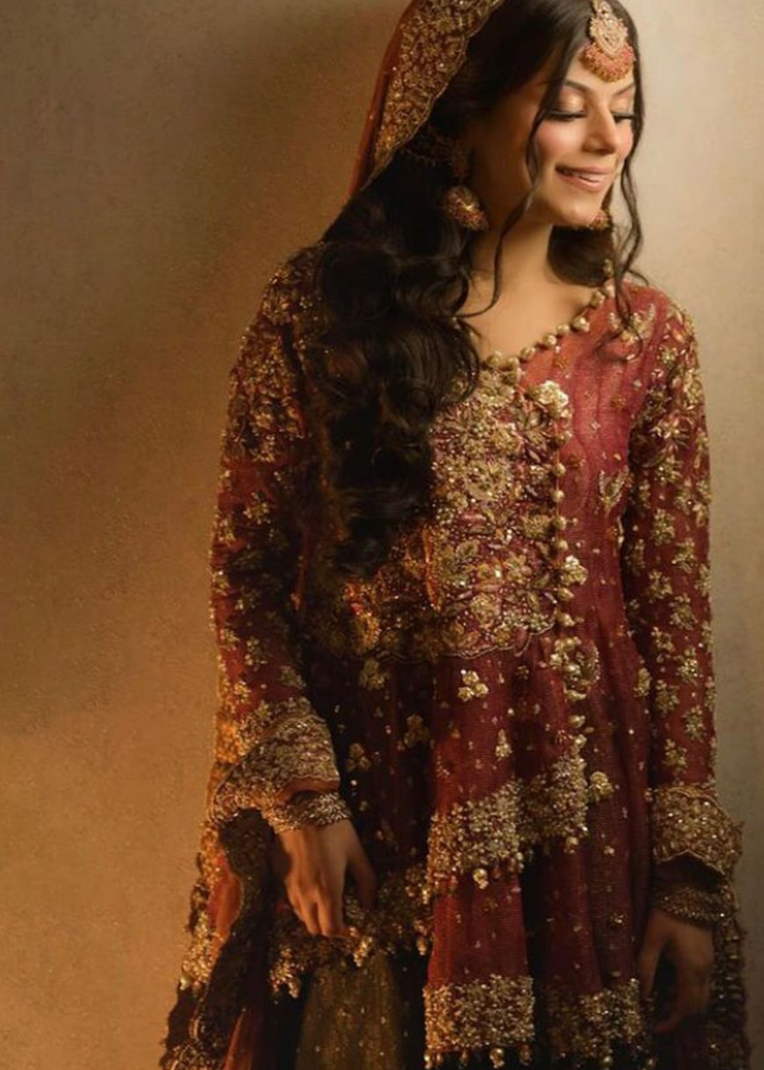 Pakistani Deep Maroon Zardozi Net Silk Bridal Lehenga (3-Piece) - Image 5