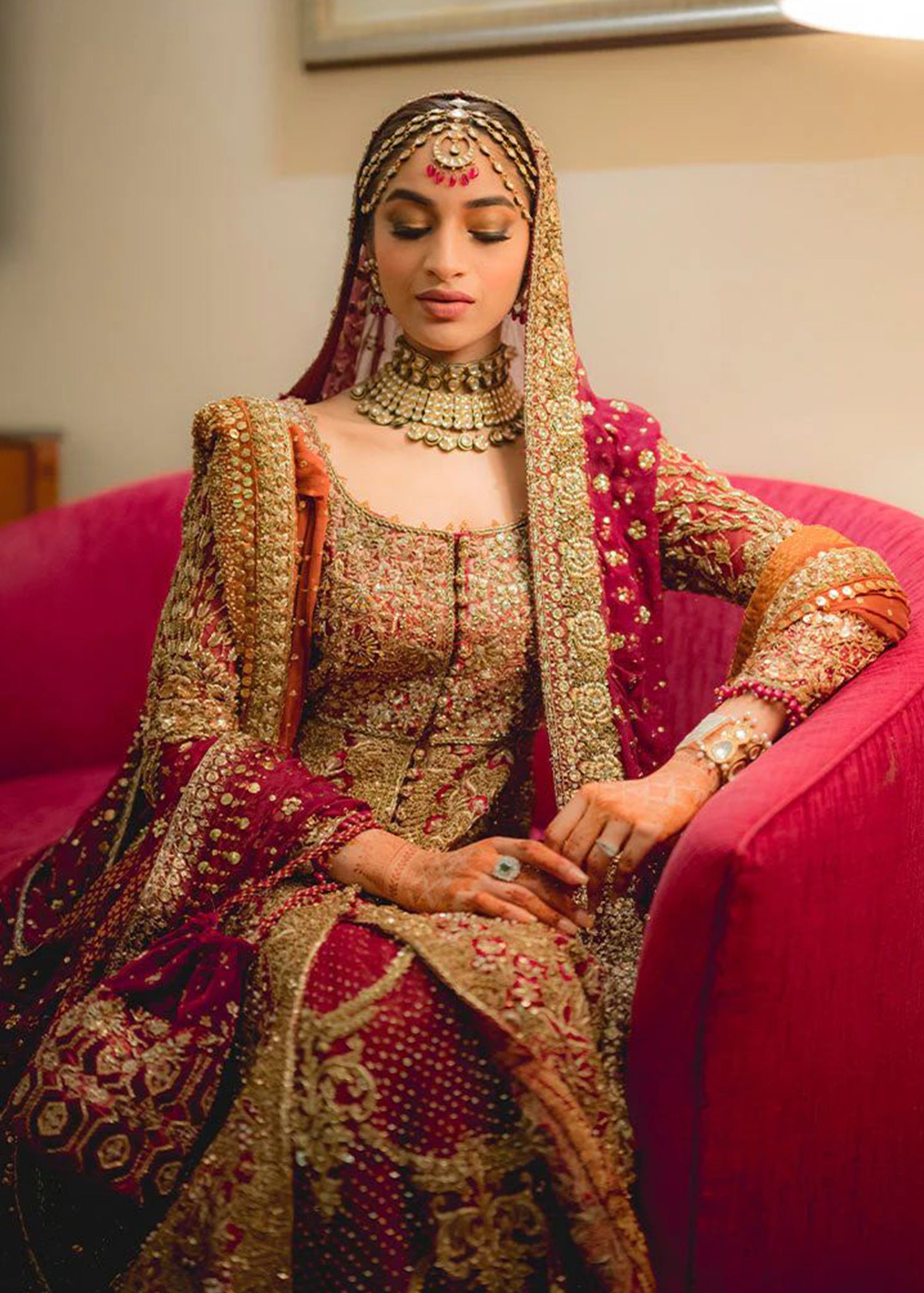 Deep Maroon Zardozi Silk Velvet Bridal Lehenga (3-Piece) - Image 1