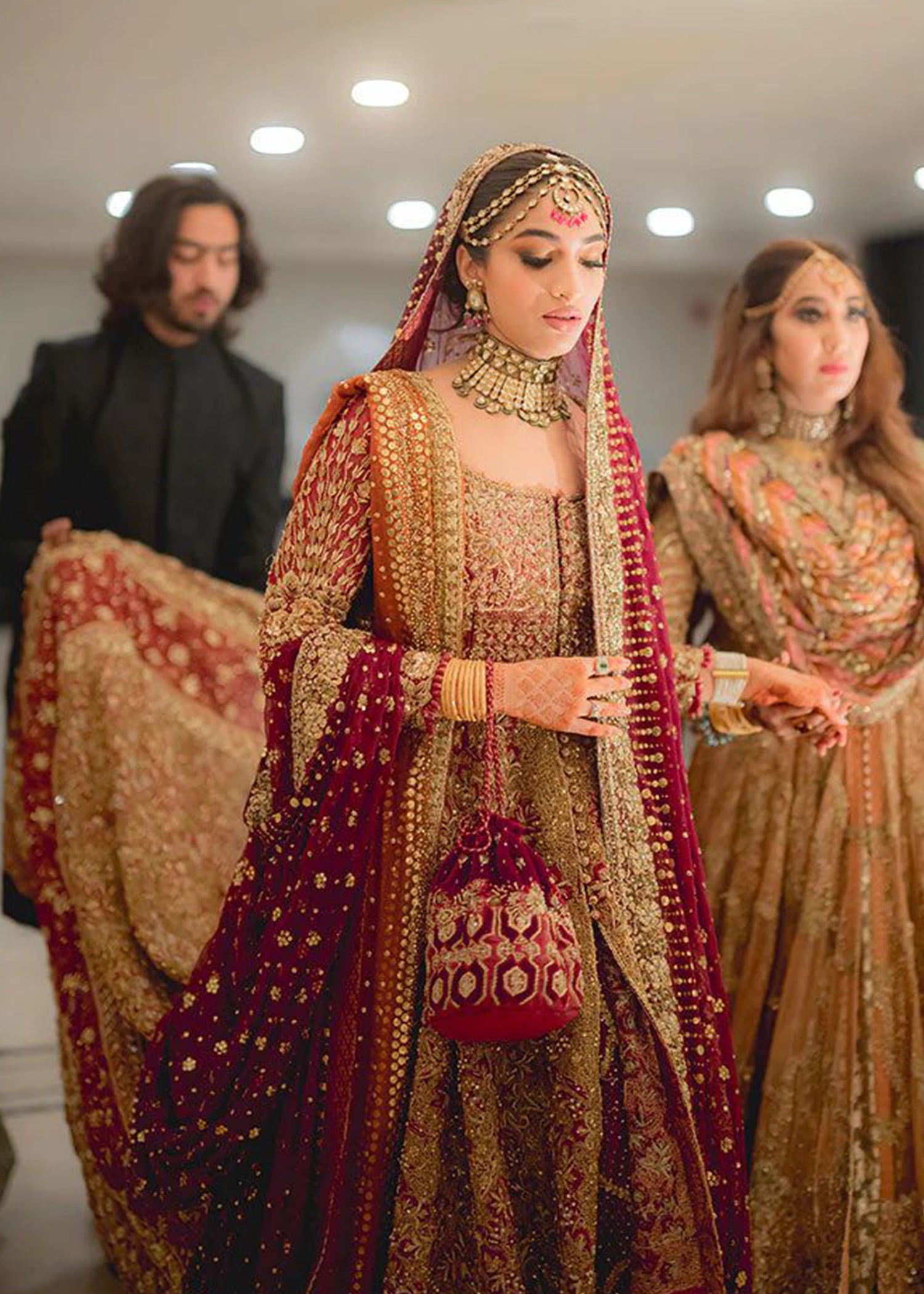 Deep Maroon Zardozi Silk Velvet Bridal Lehenga (3-Piece) - Image 2