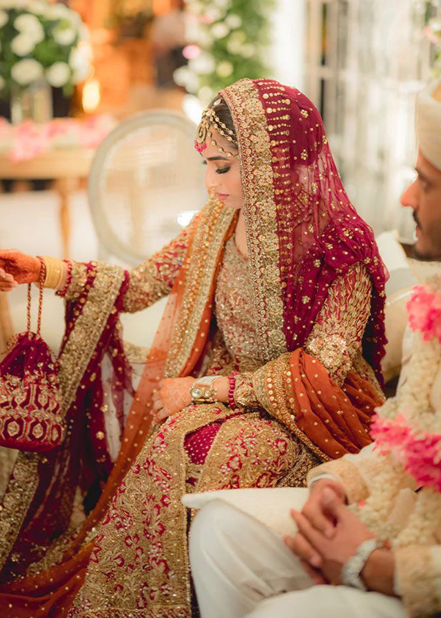 Deep Maroon Zardozi Silk Velvet Bridal Lehenga (3-Piece) - Image 3