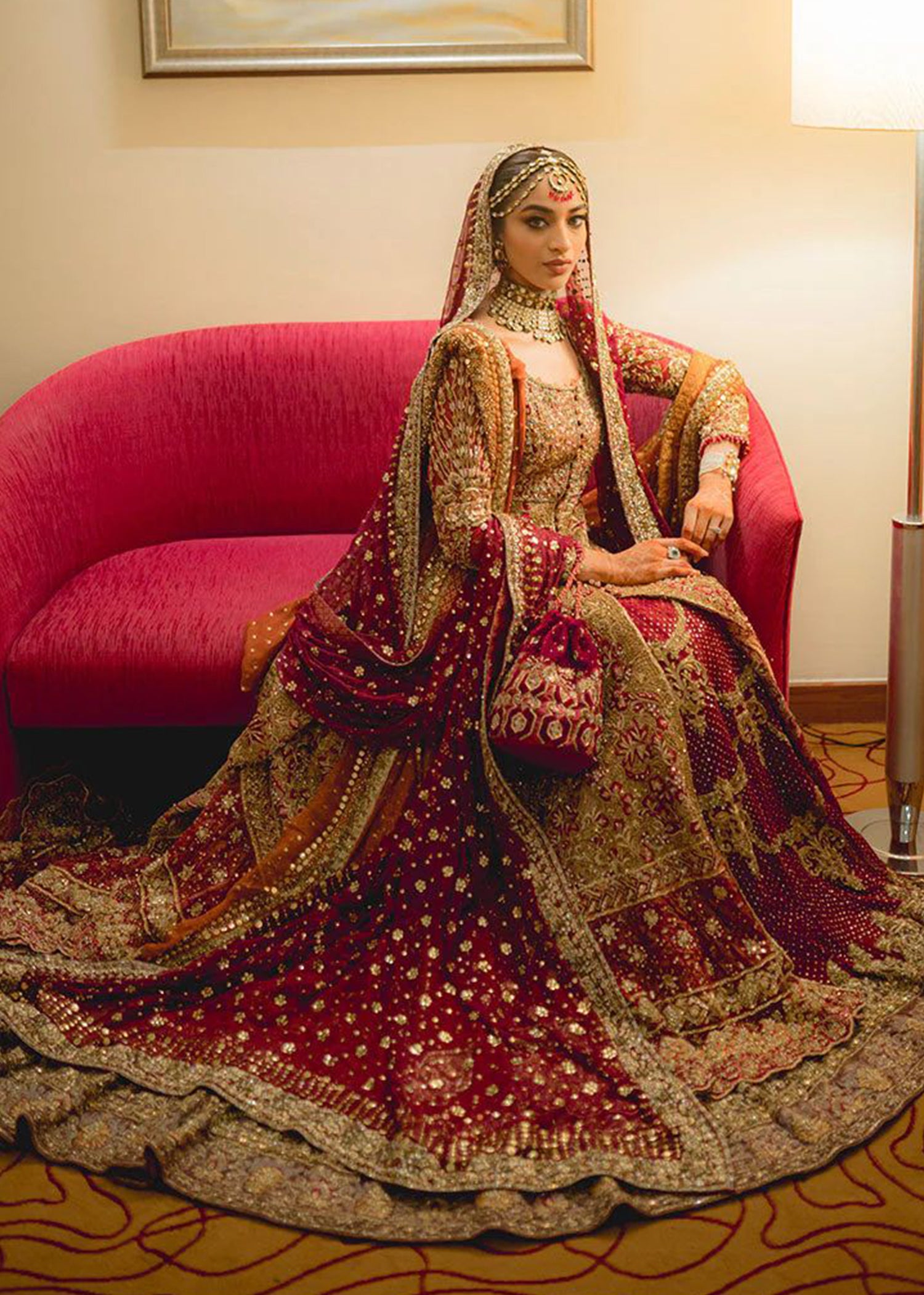 Deep Maroon Zardozi Silk Velvet Bridal Lehenga (3-Piece) - Image 4