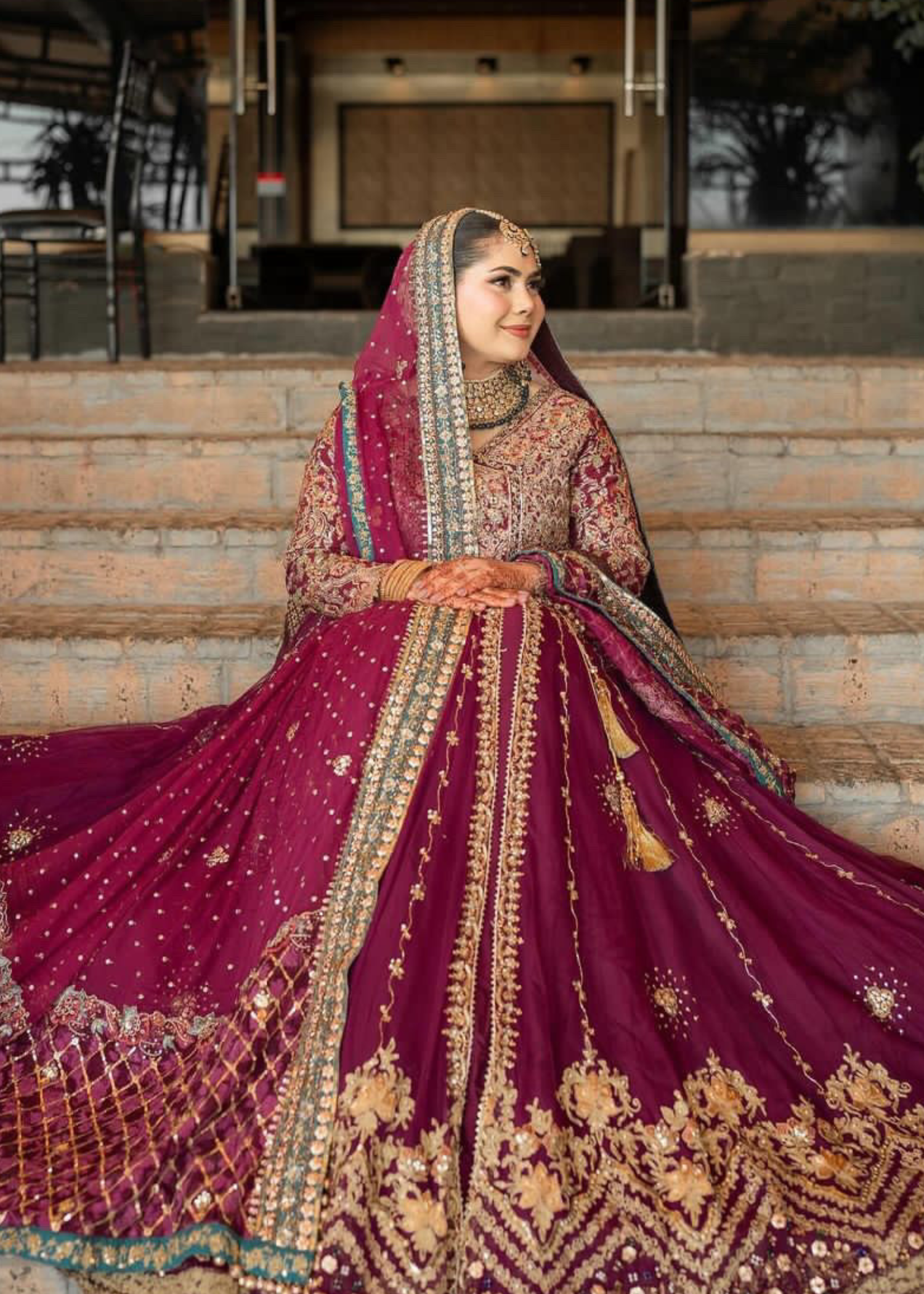 Pakistani Deep Maroon Embroidered Silk-Blend Bridal Lehenga (3-Piece) - Image 1