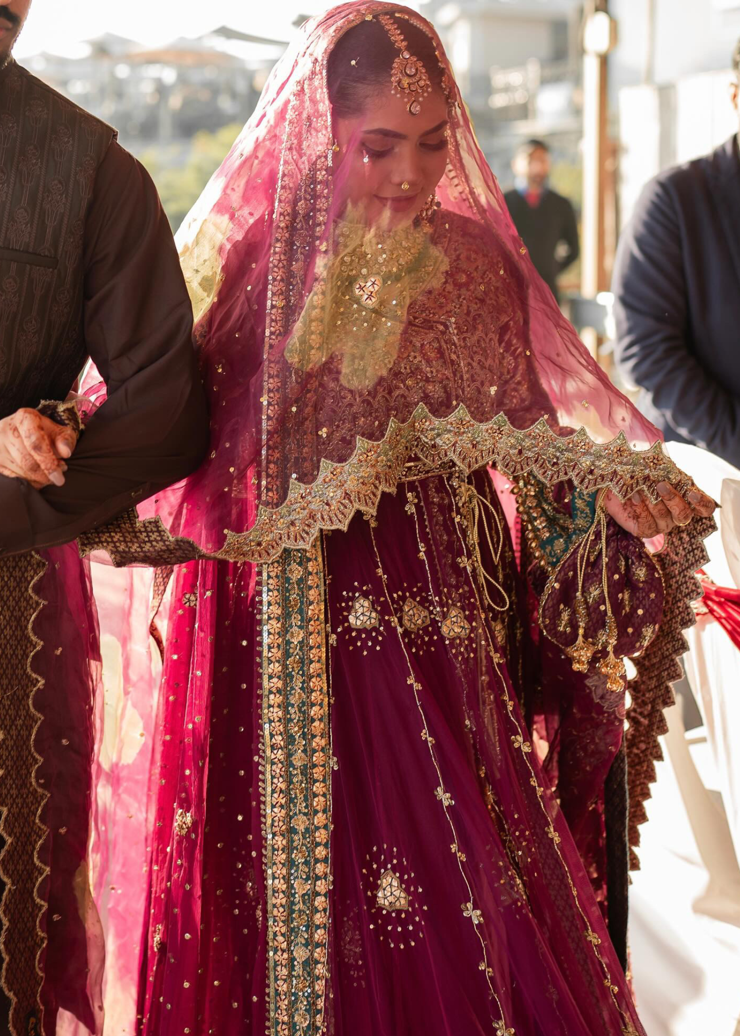 Pakistani Deep Maroon Embroidered Silk-Blend Bridal Lehenga (3-Piece) - Image 2