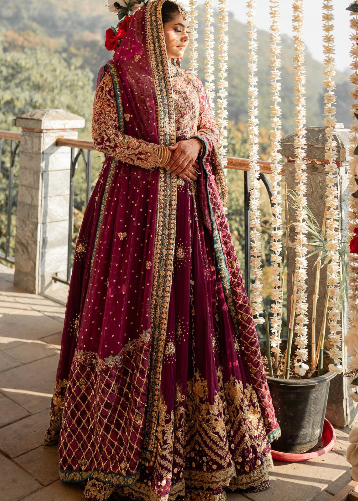 Pakistani Deep Maroon Embroidered Silk-Blend Bridal Lehenga (3-Piece) - Image 3