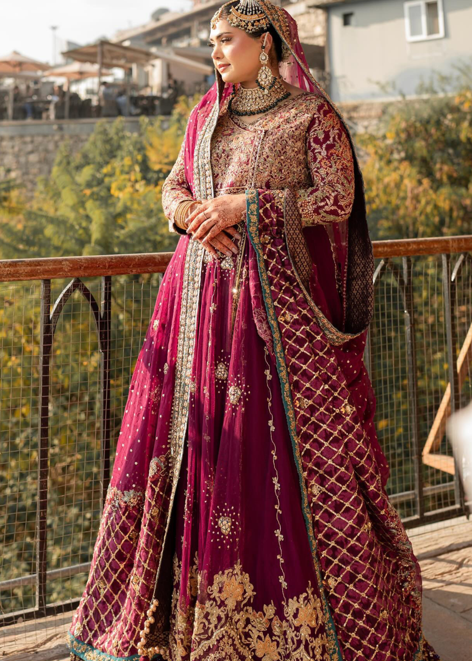 Pakistani Deep Maroon Embroidered Silk-Blend Bridal Lehenga (3-Piece) - Image 4